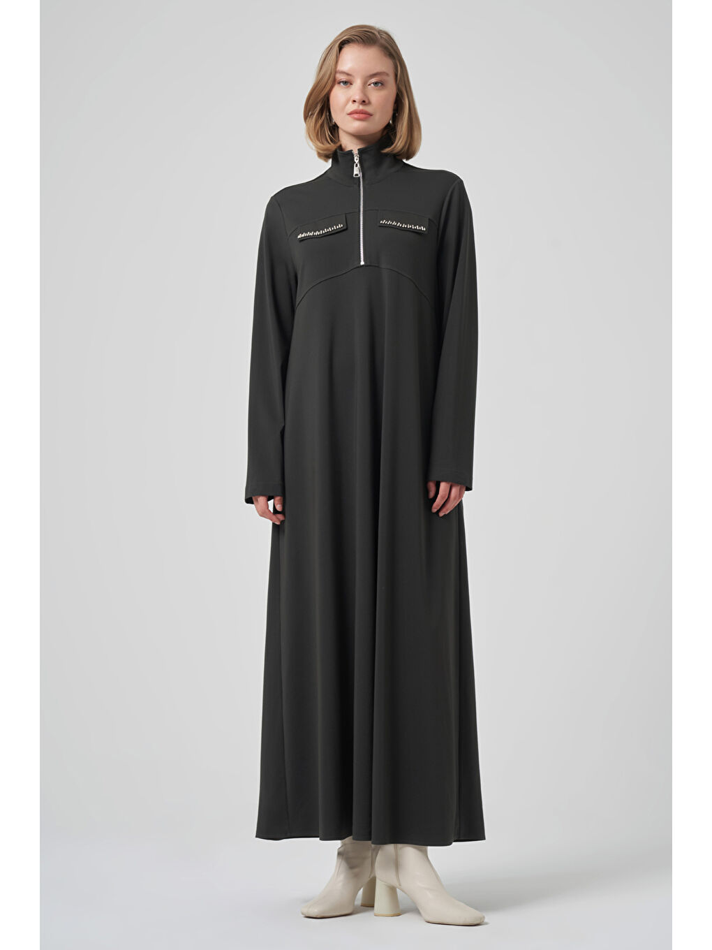 Fermuar ve Boncuk İşleme Detay Elbise 2013 Haki-3