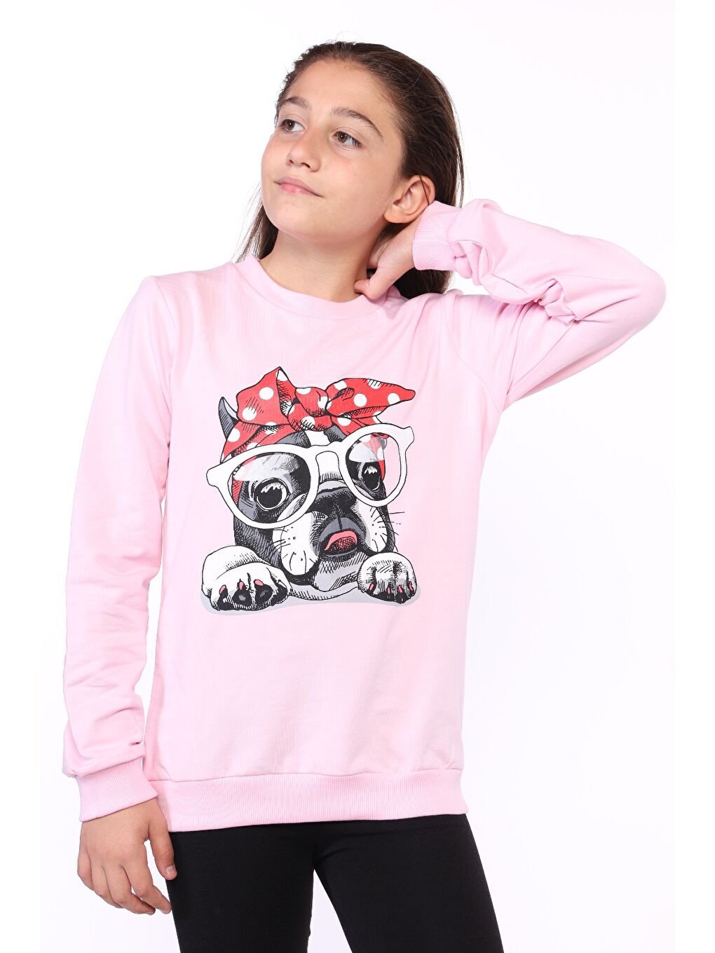 Pembe Kız Çocuk Köpek Figür Baskılı Sweatshirt-1