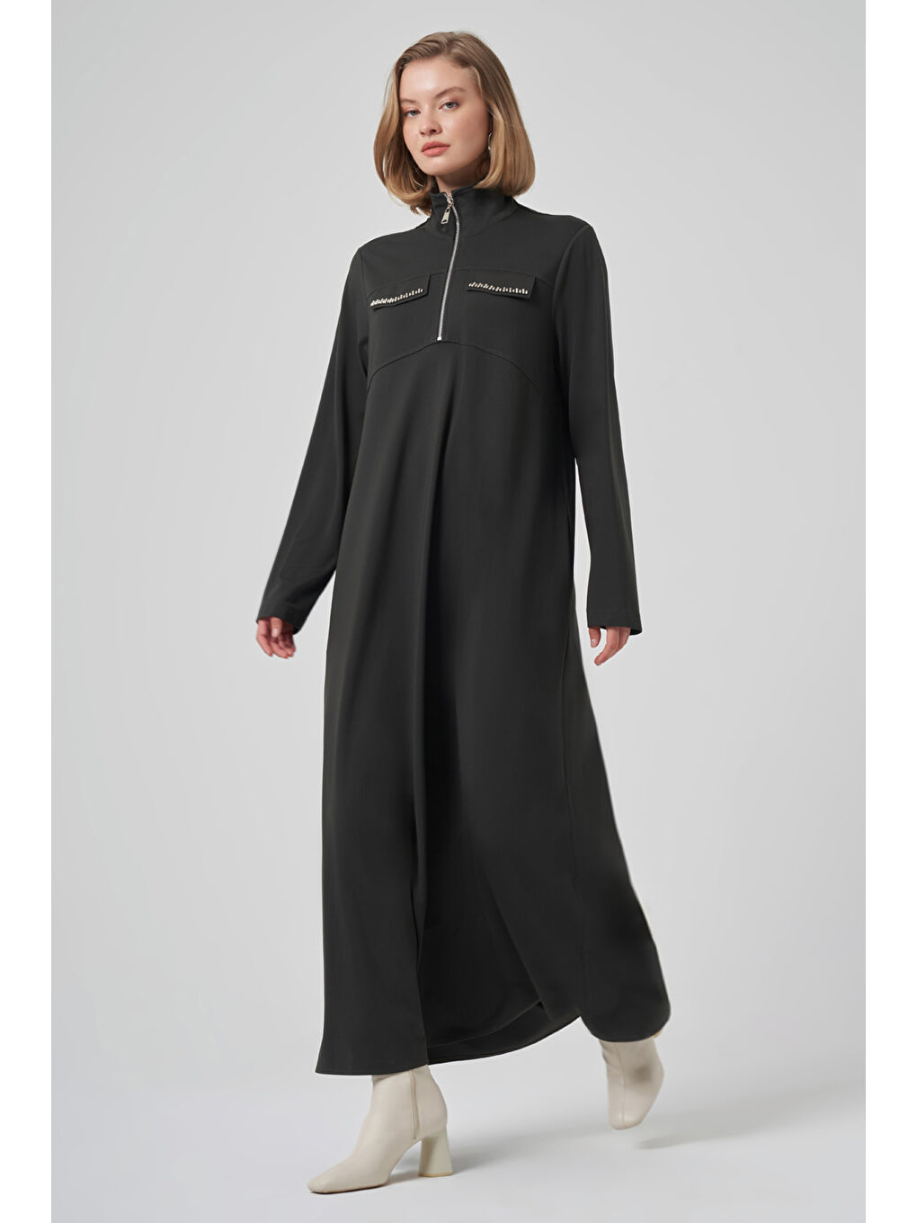 Fermuar ve Boncuk İşleme Detay Elbise 2013 Haki-4