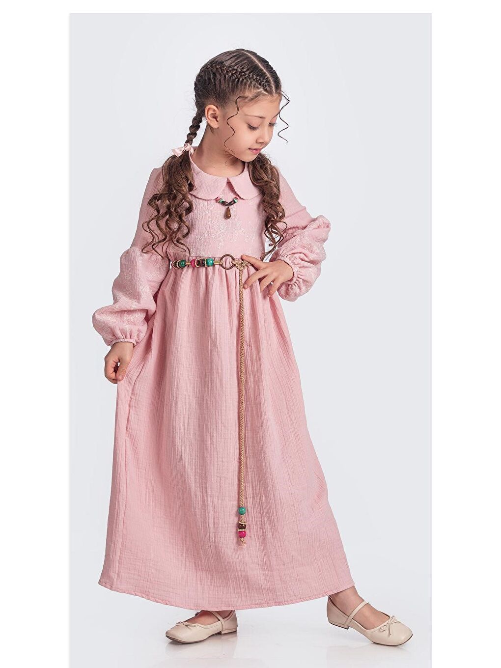 Pembe Müslin Kumaş Kız Çocuk Uzun Kollu Elbise M00705-1