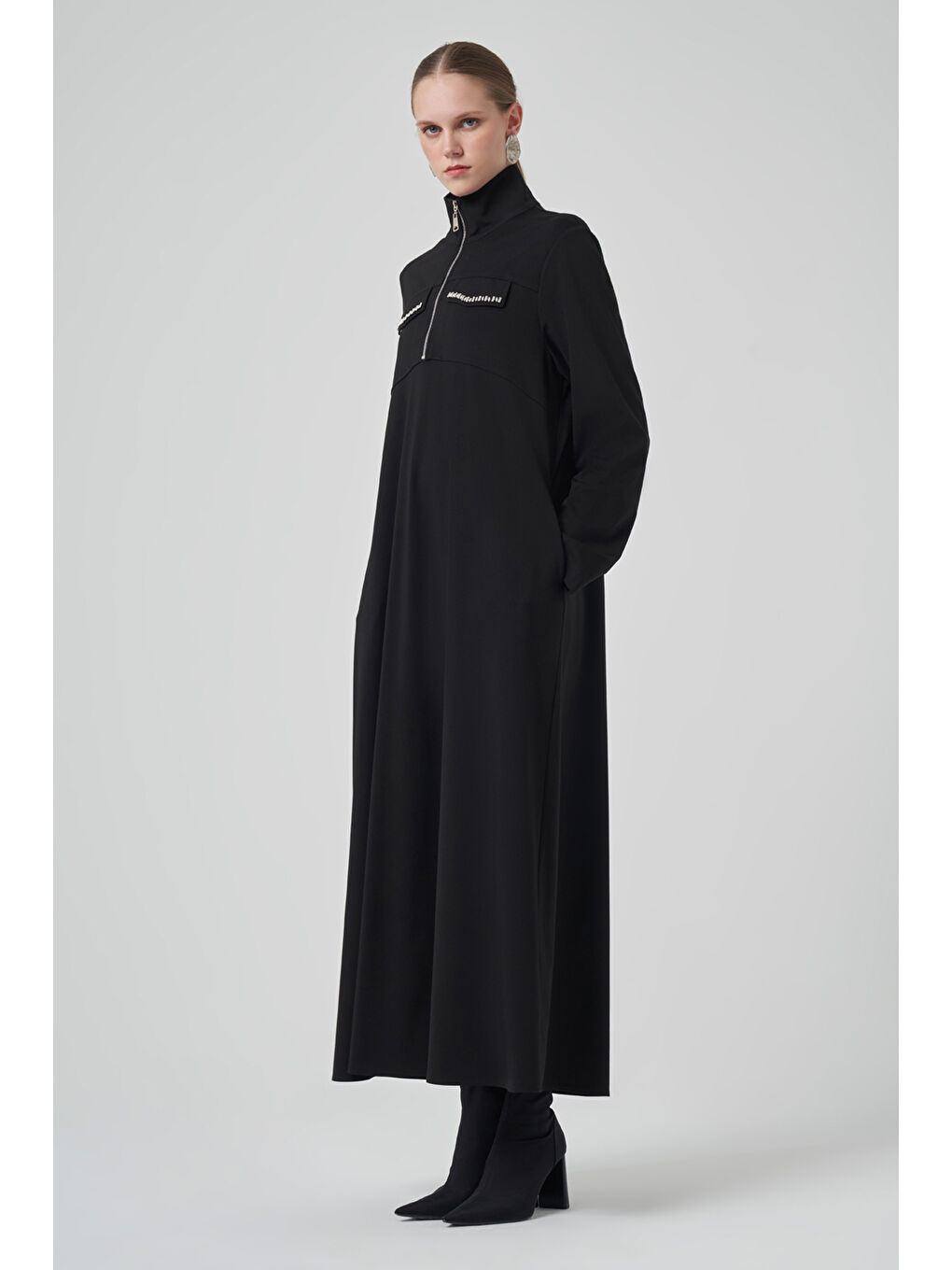 Fermuar ve Boncuk İşleme Detay Elbise 2013 Siyah-2