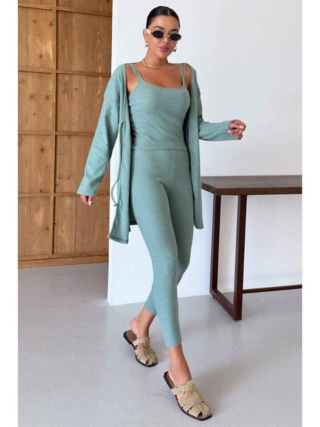 Kadın Mint Yeşili Askılı Atlet Tayt Hırkalı Alt-Üst Taytlı İnterlok Takım-1