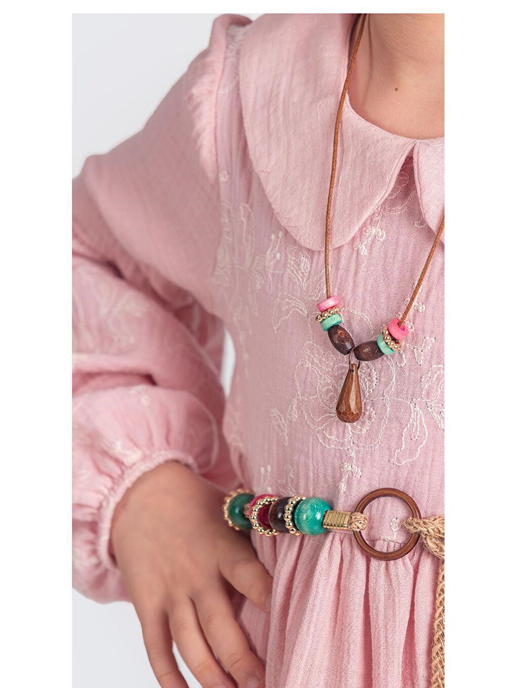 Pembe Müslin Kumaş Kız Çocuk Uzun Kollu Elbise M00705-6