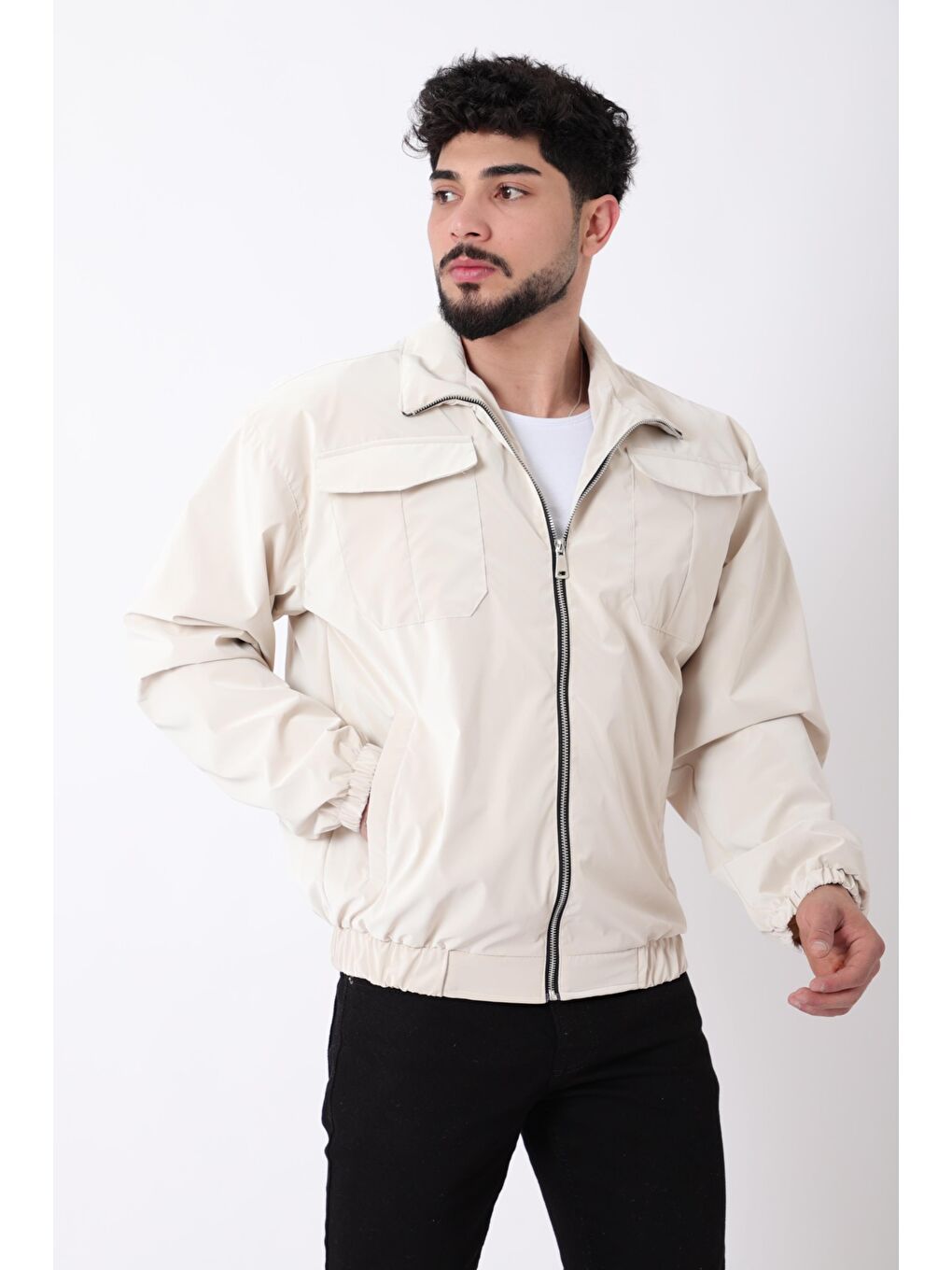 Bej Cep Kapaklı Demir Fermuarlı Dik Yaka Nova Mevsimlik Mont BL 1810_60328-1