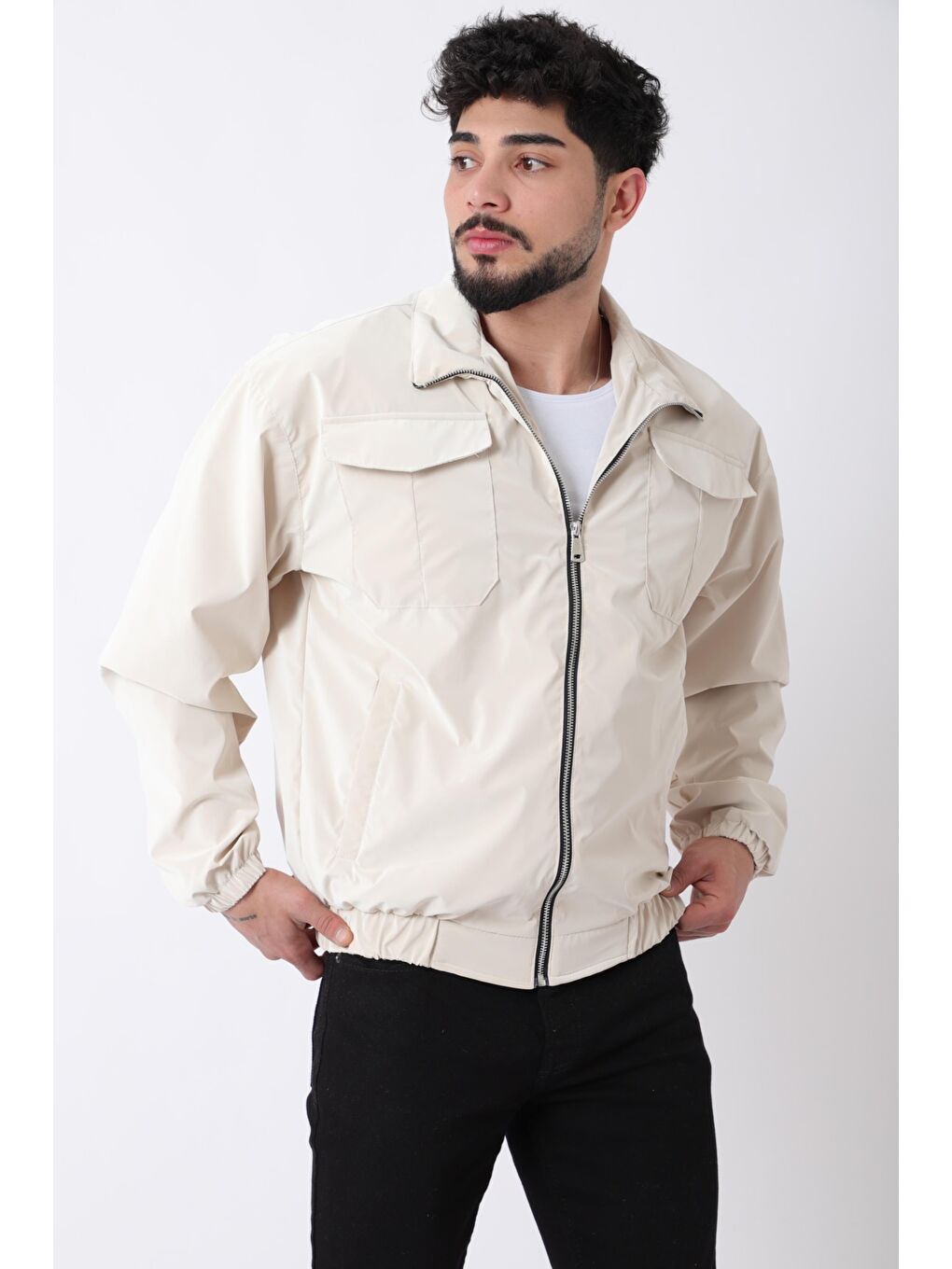 Bej Cep Kapaklı Demir Fermuarlı Dik Yaka Nova Mevsimlik Mont BL 1810_60328-2