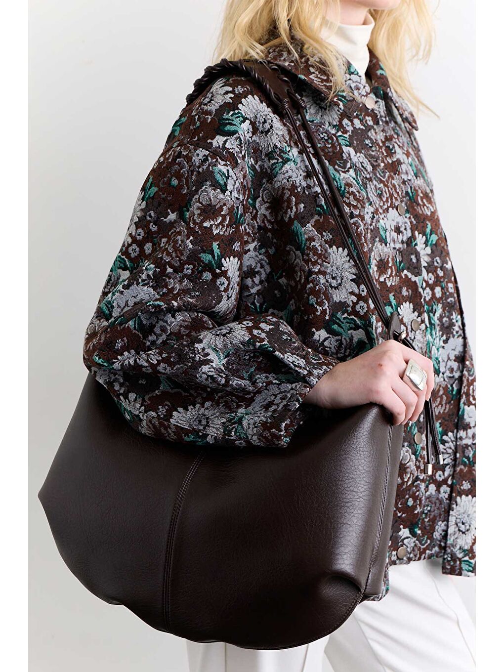 Kahverengi Örgü Detaylı Tote Çanta Acı Kahve-1