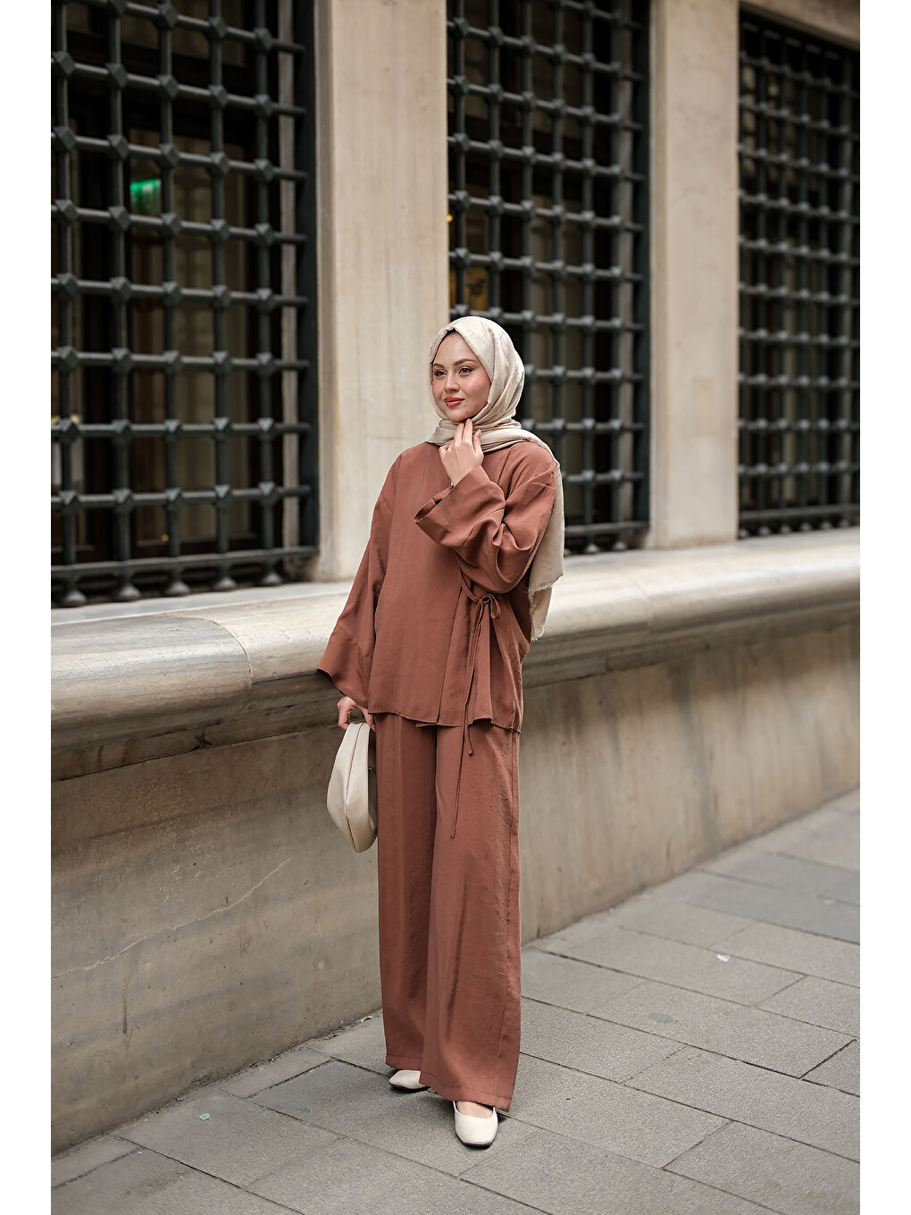 Kahverengi Kadın Yan Bağlamalı İkili Kimono Takım Açık Kahve-1