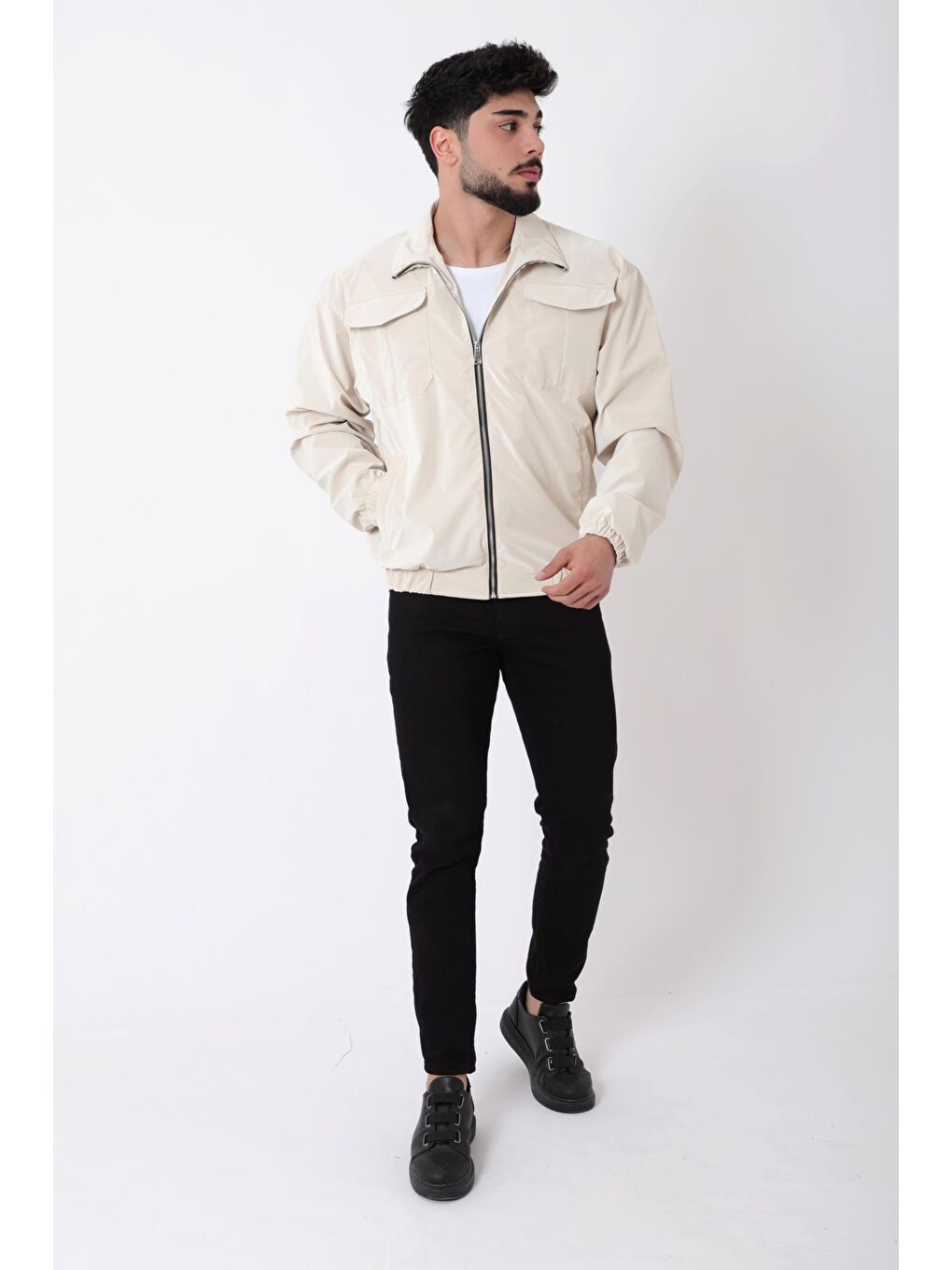 Bej Cep Kapaklı Demir Fermuarlı Dik Yaka Nova Mevsimlik Mont BL 1810_60328-3