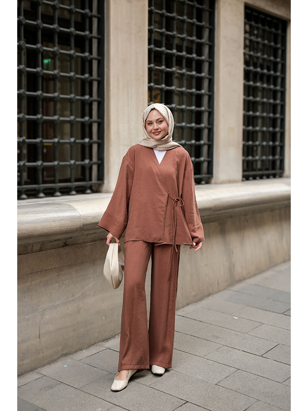 Kahverengi Kadın Yan Bağlamalı İkili Kimono Takım Açık Kahve-2