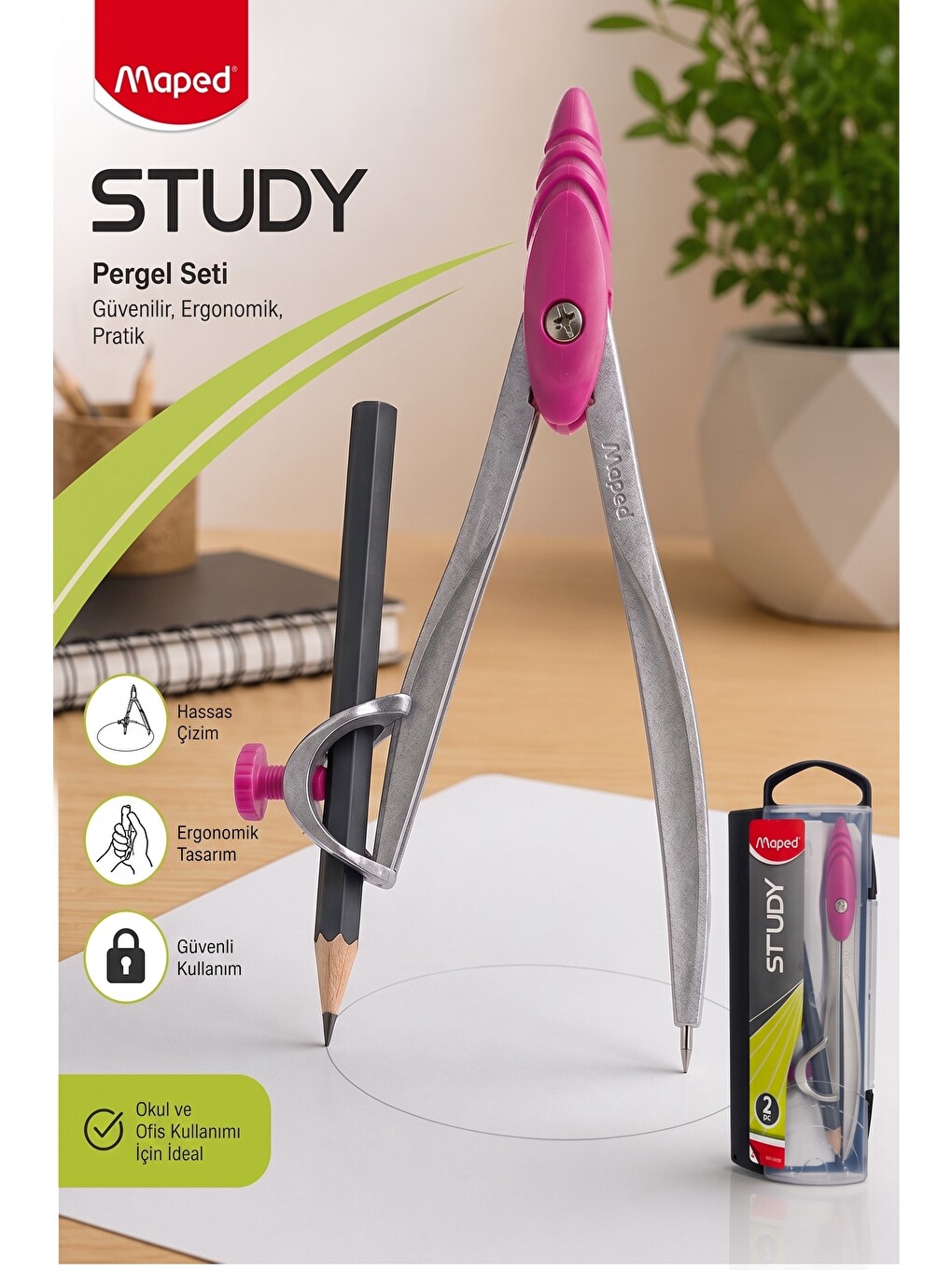 Pembe Metal Pergel Kurşun Kalemli 1 Adet Study 119410 Pergel Matematik Geometri Mimari Proje T