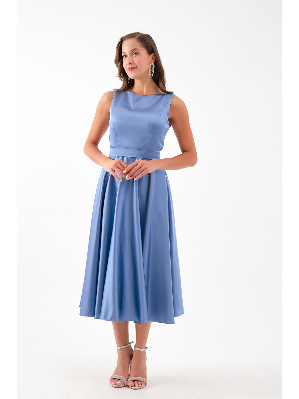 Kadın İndigo Kalın Askılı Kemerli Midi Abiye Elbise-1