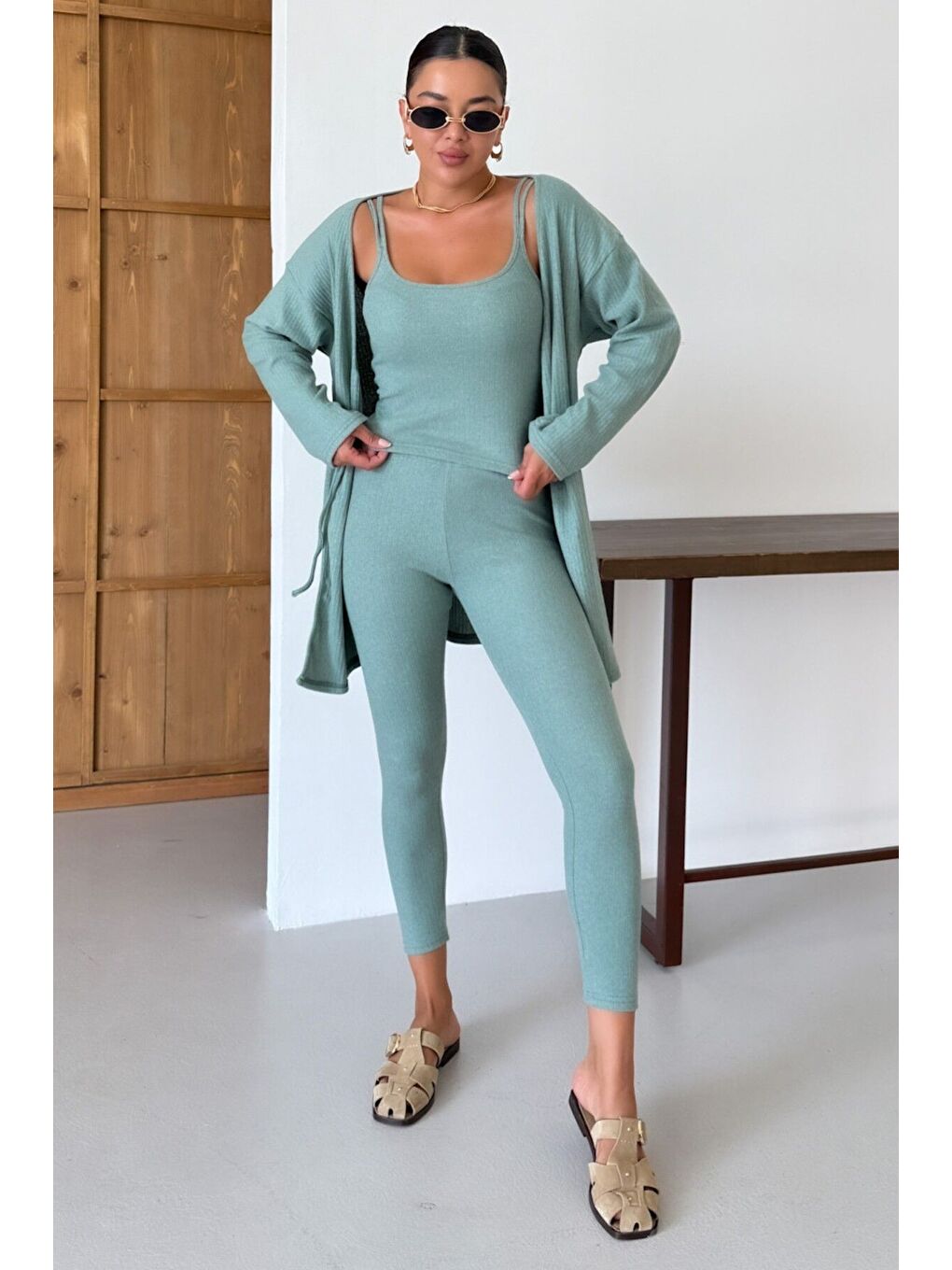 Kadın Mint Yeşili Askılı Atlet Tayt Hırkalı Alt-Üst Taytlı İnterlok Takım-2