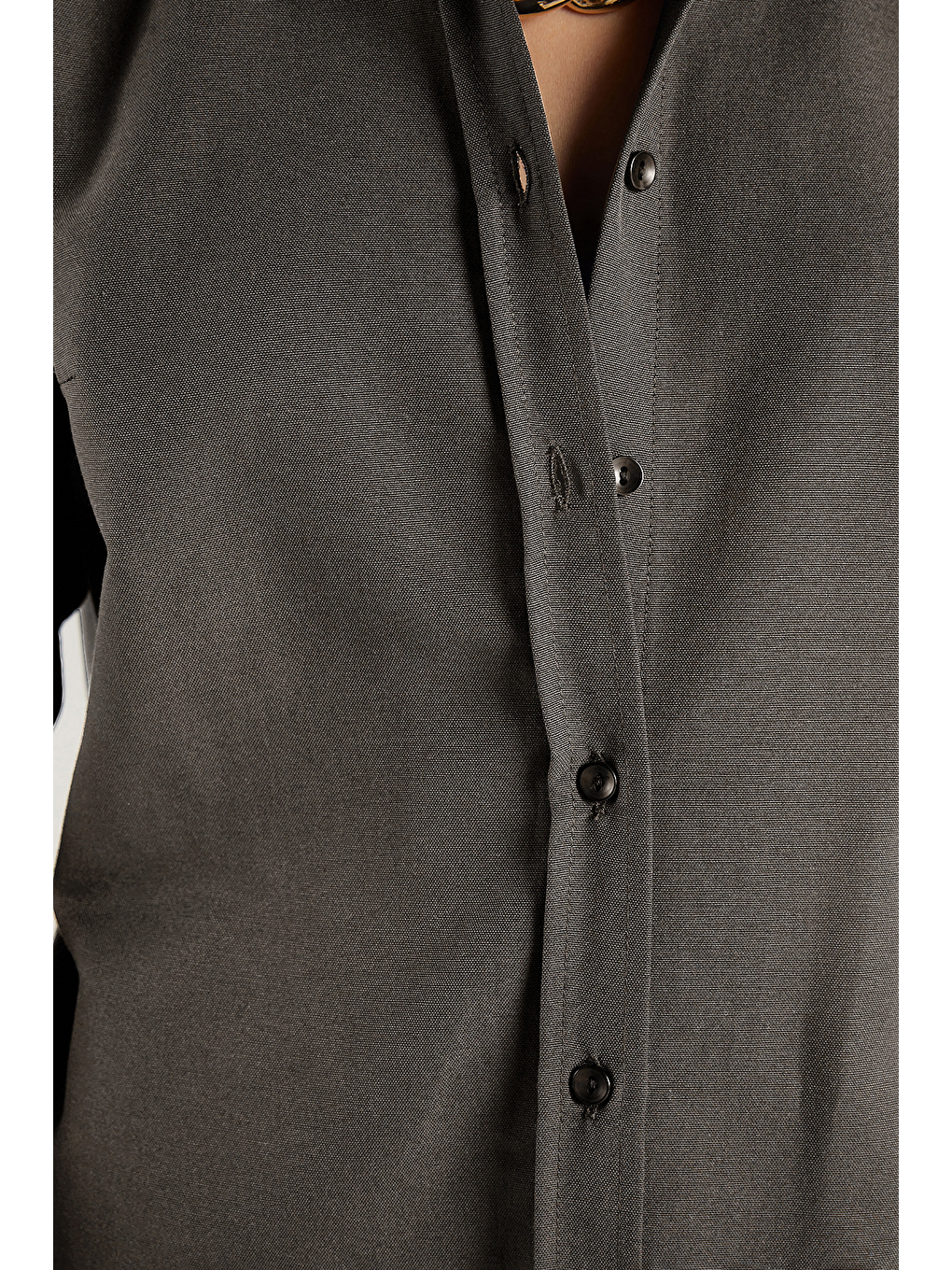 Kadın Slim Fit Dar Kesim Uzun Kollu Pamuklu Vücuda Oturan Dokulu Antrasit Basic Gömlek-3
