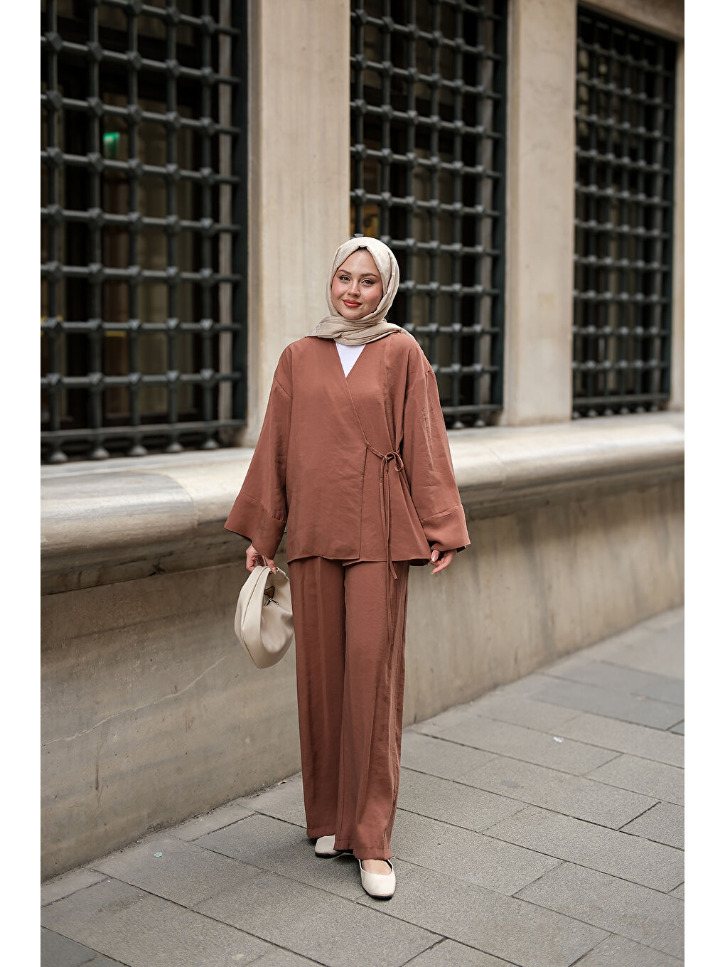 Kahverengi Kadın Yan Bağlamalı İkili Kimono Takım Açık Kahve-3