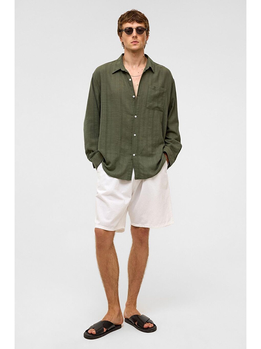 Oversize Çizgili Uzun Kollu Keten Gömlek Haki