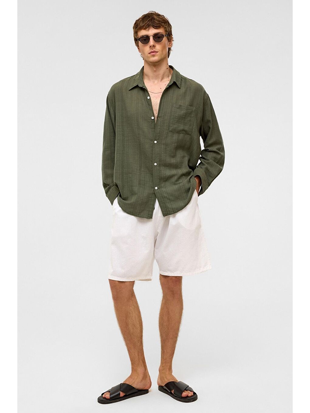 Oversize Çizgili Uzun Kollu Keten Gömlek Haki-1