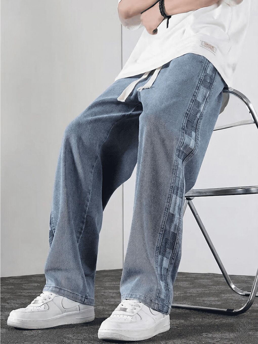 Mavi Vets Erkek Bağcıklı Beli Lastikli Yanı Parçalı Dama Desenli Bol Jean Pantolon