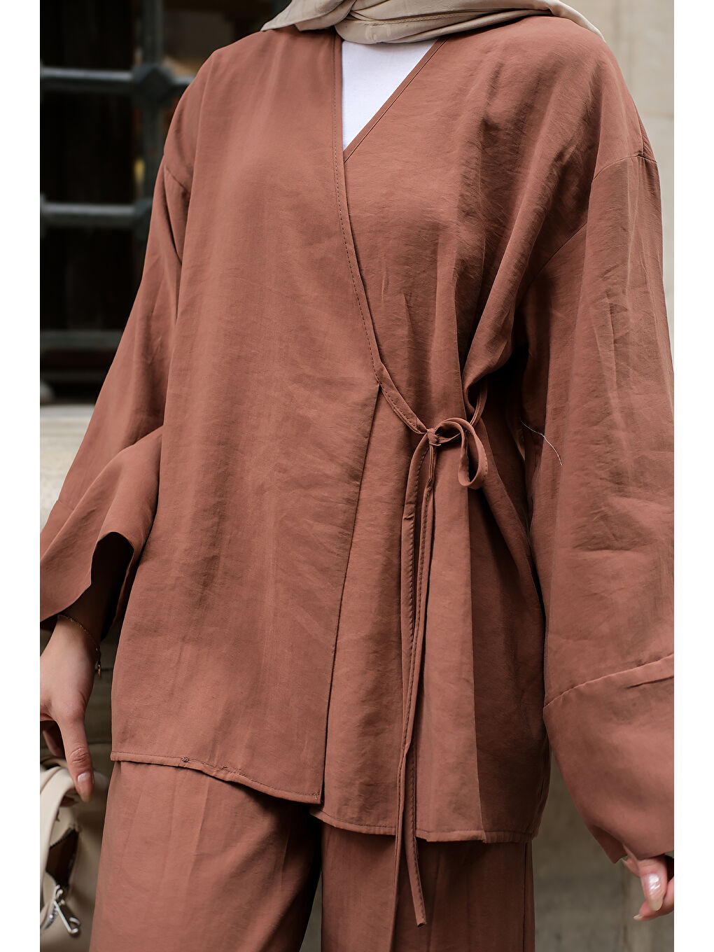 Kahverengi Kadın Yan Bağlamalı İkili Kimono Takım Açık Kahve-4