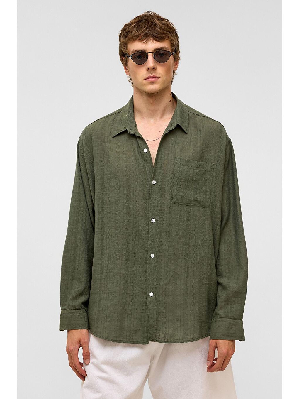 Oversize Çizgili Uzun Kollu Keten Gömlek Haki-2