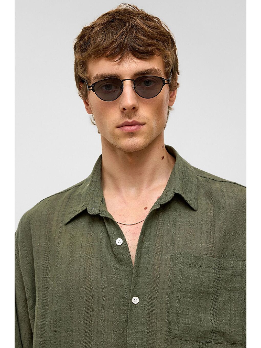 Oversize Çizgili Uzun Kollu Keten Gömlek Haki-3