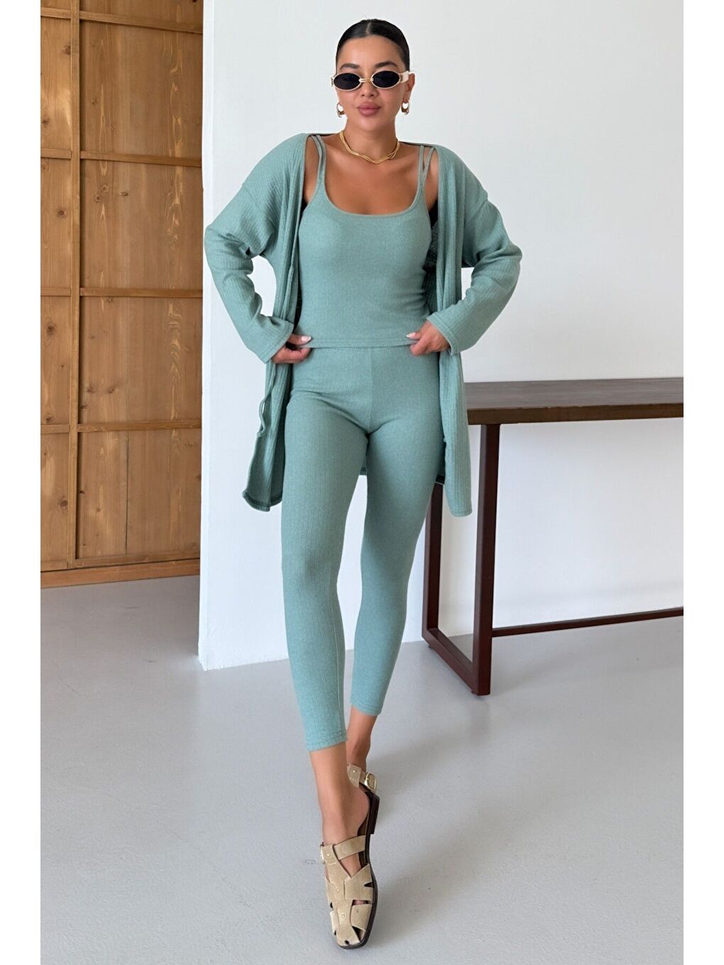 Kadın Mint Yeşili Askılı Atlet Tayt Hırkalı Alt-Üst Taytlı İnterlok Takım-3