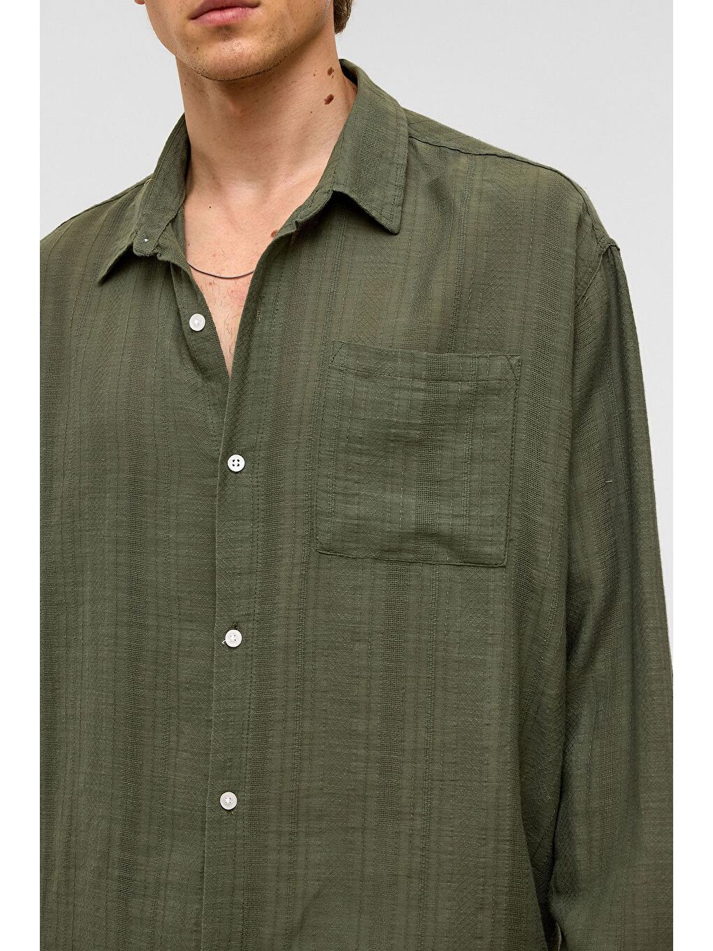 Oversize Çizgili Uzun Kollu Keten Gömlek Haki-4