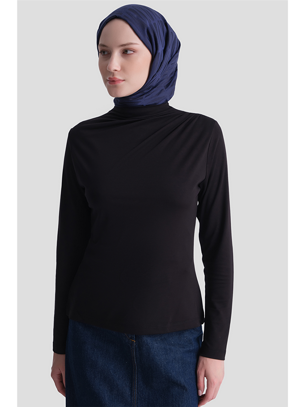 Degaje Yaka Örme Rayon Bluz Siyah-5