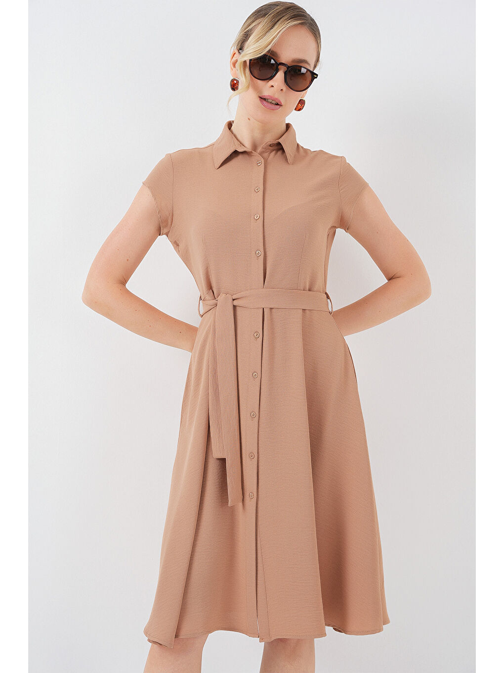 Bej 1677 Boydan Düğmeli Kuşaklı Elbise - Bisküvi-2