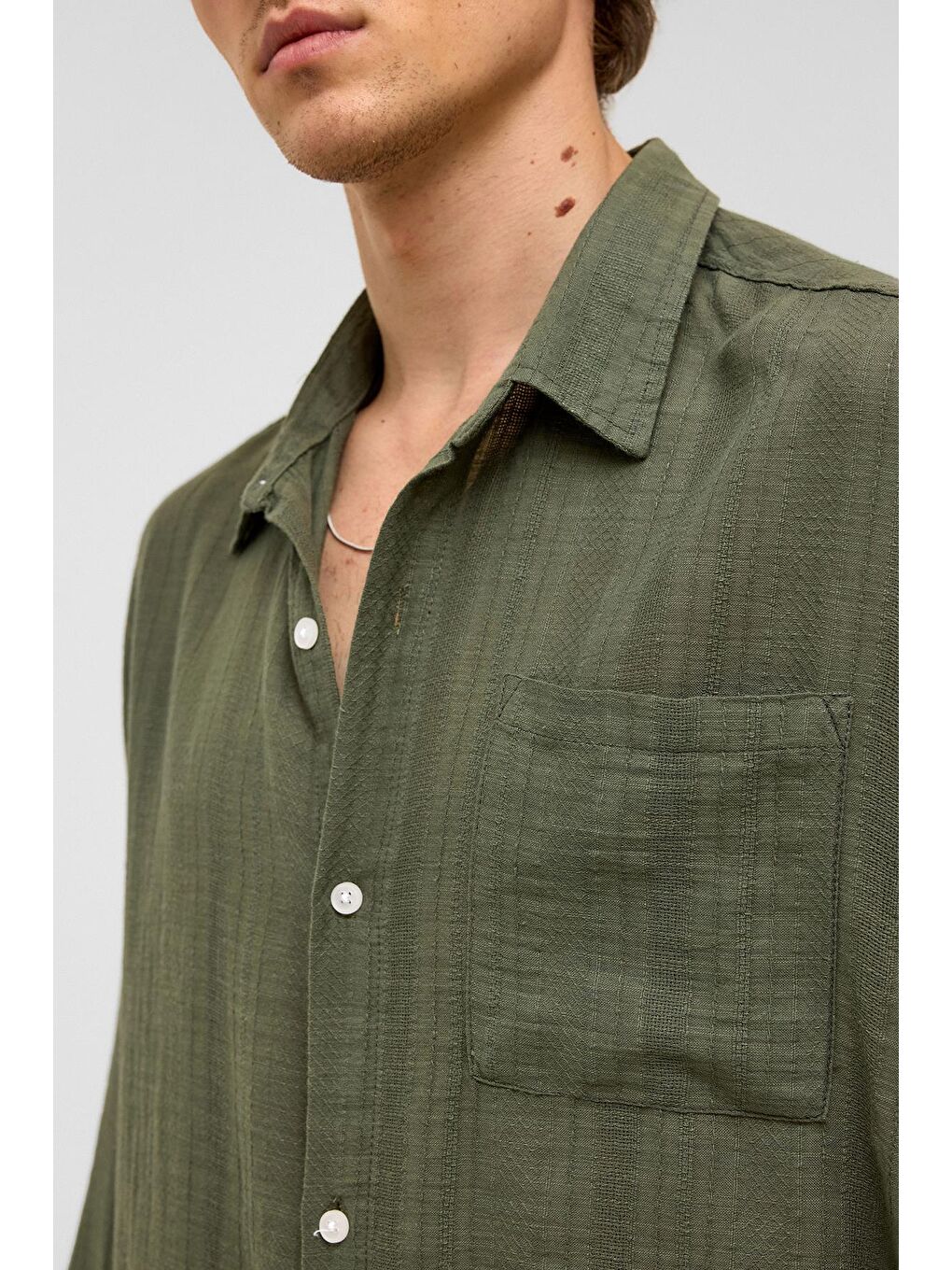 Oversize Çizgili Uzun Kollu Keten Gömlek Haki-5