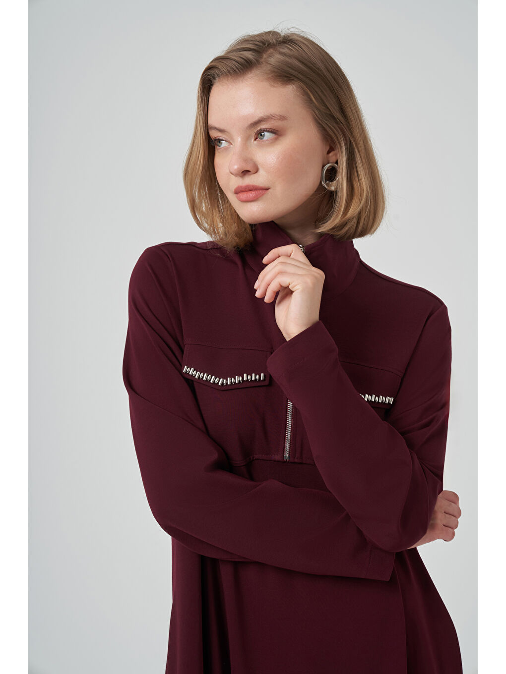 Fermuar ve Boncuk İşleme Detay Elbise 2013 Mürdüm-1