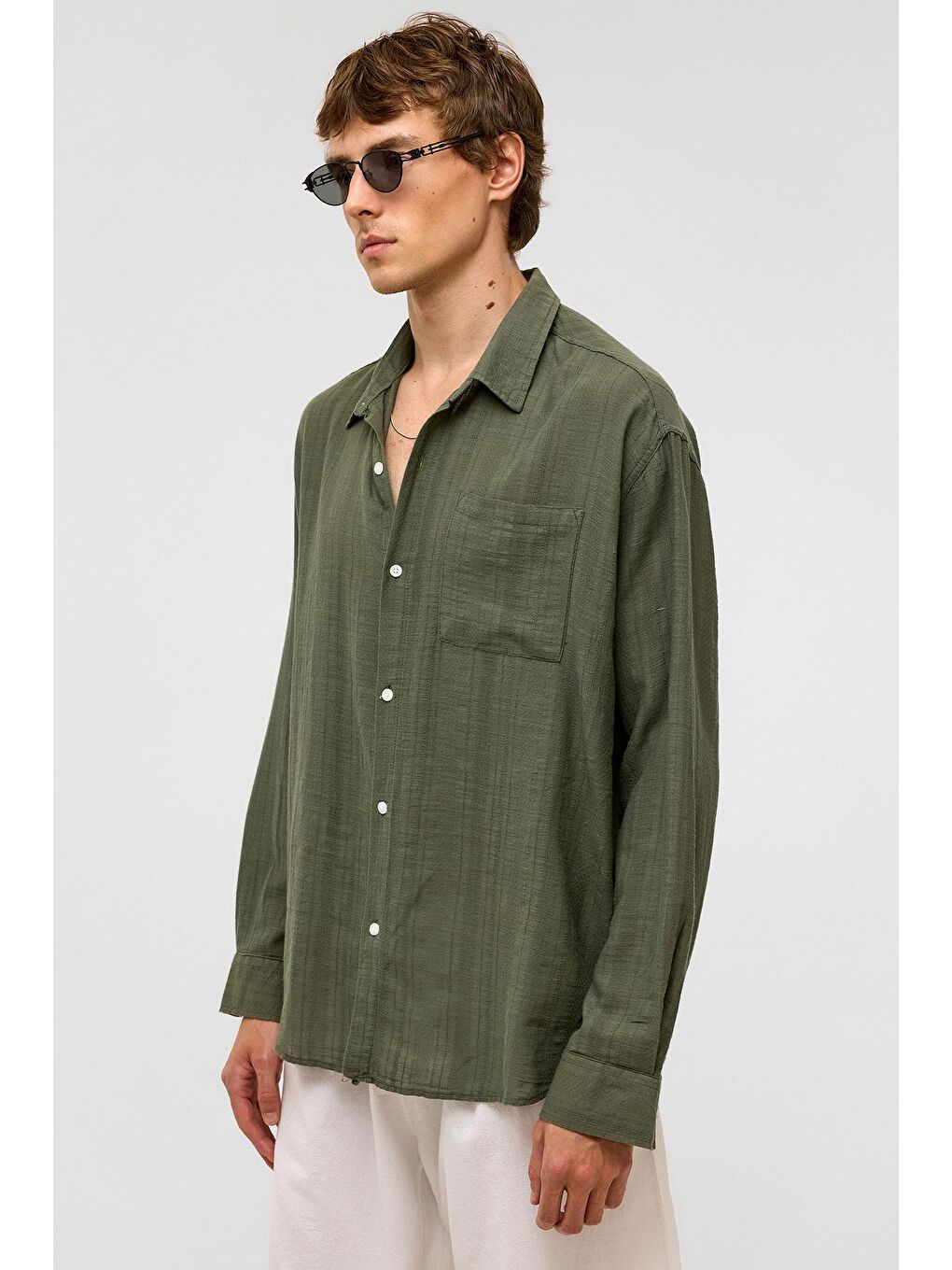 Oversize Çizgili Uzun Kollu Keten Gömlek Haki-6