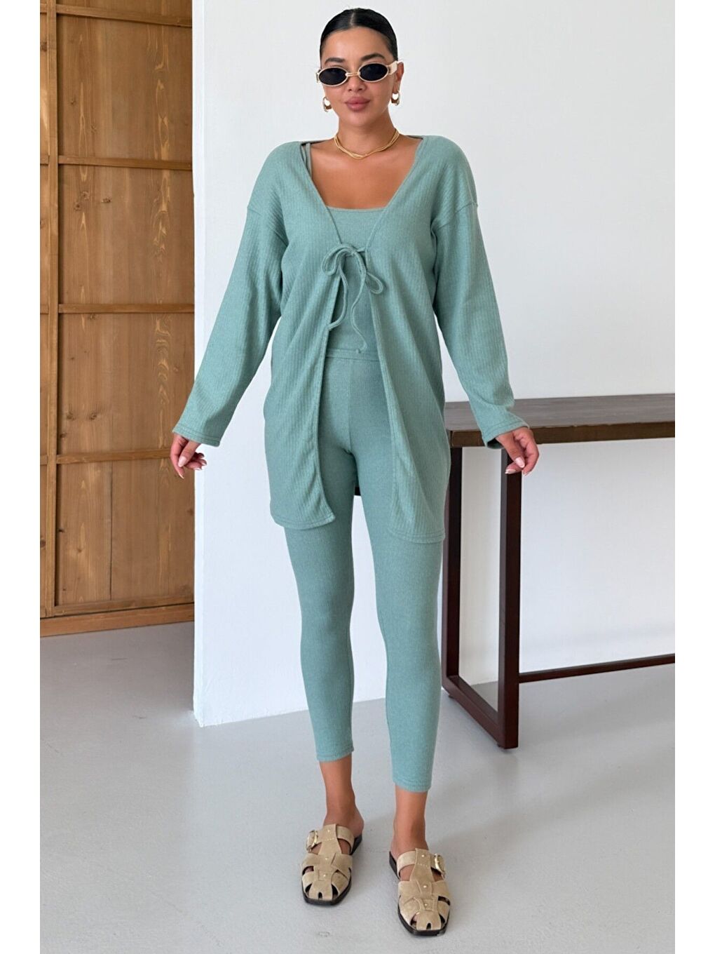 Kadın Mint Yeşili Askılı Atlet Tayt Hırkalı Alt-Üst Taytlı İnterlok Takım-4