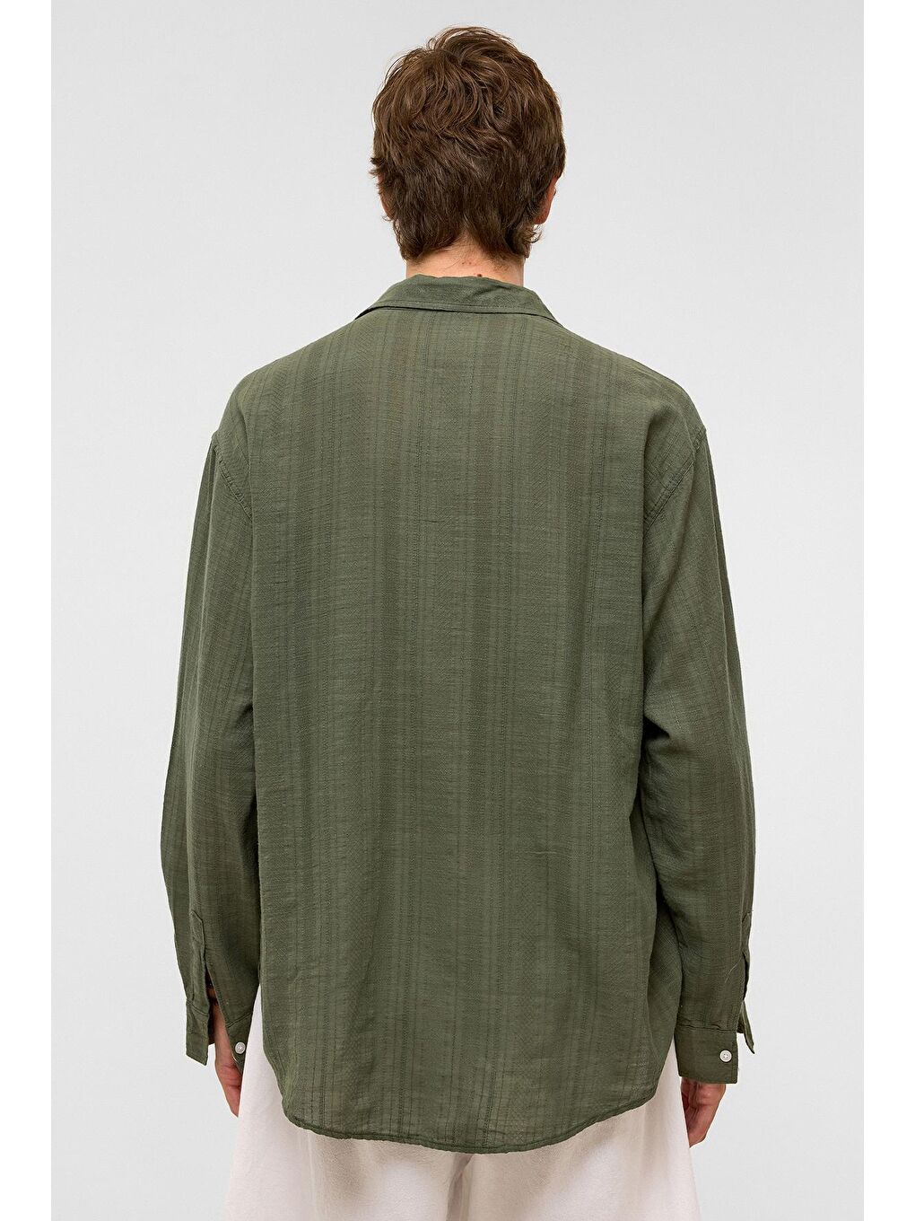 Oversize Çizgili Uzun Kollu Keten Gömlek Haki-7