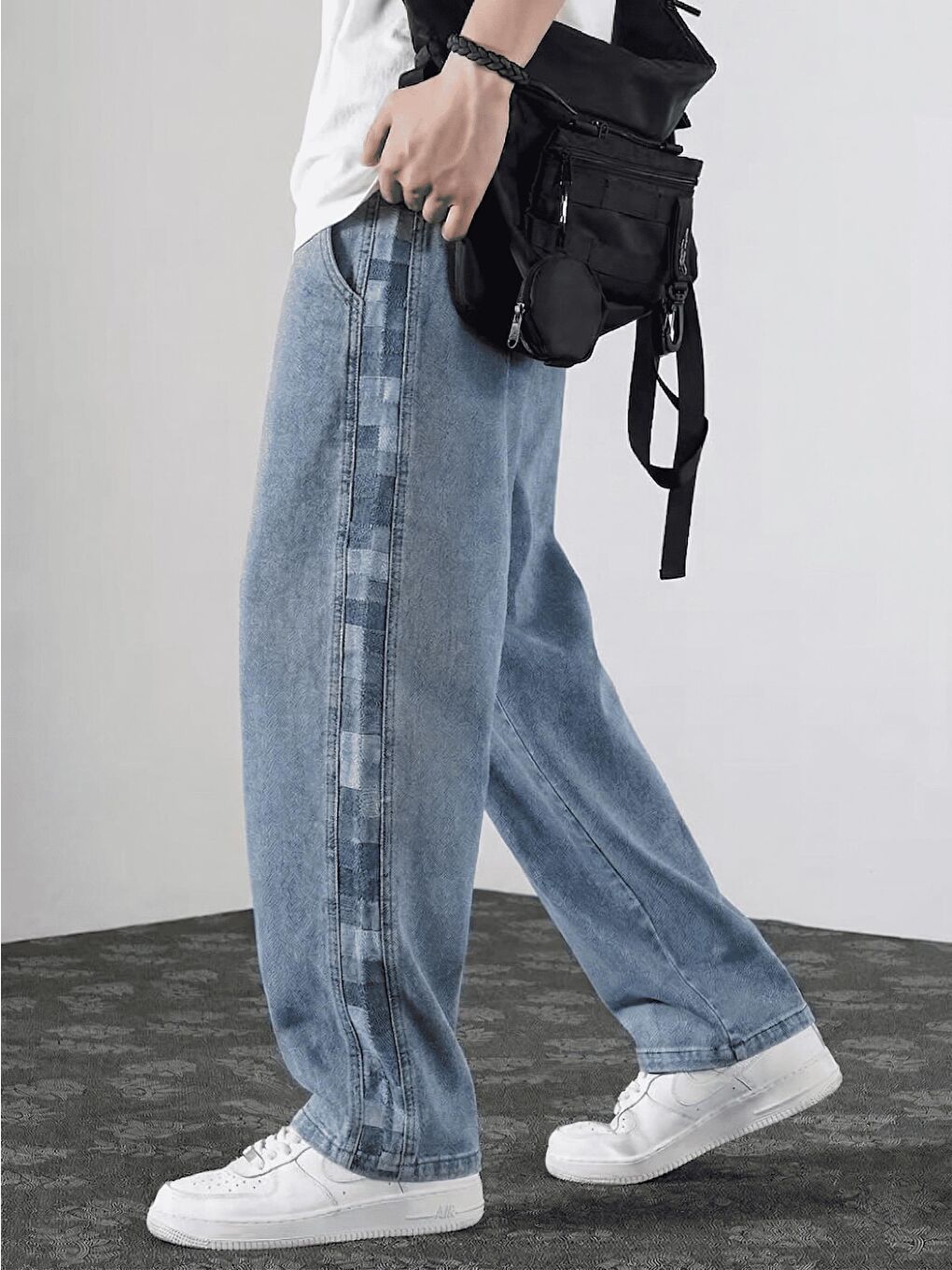 Mavi Vets Erkek Bağcıklı Beli Lastikli Yanı Parçalı Dama Desenli Bol Jean Pantolon-1