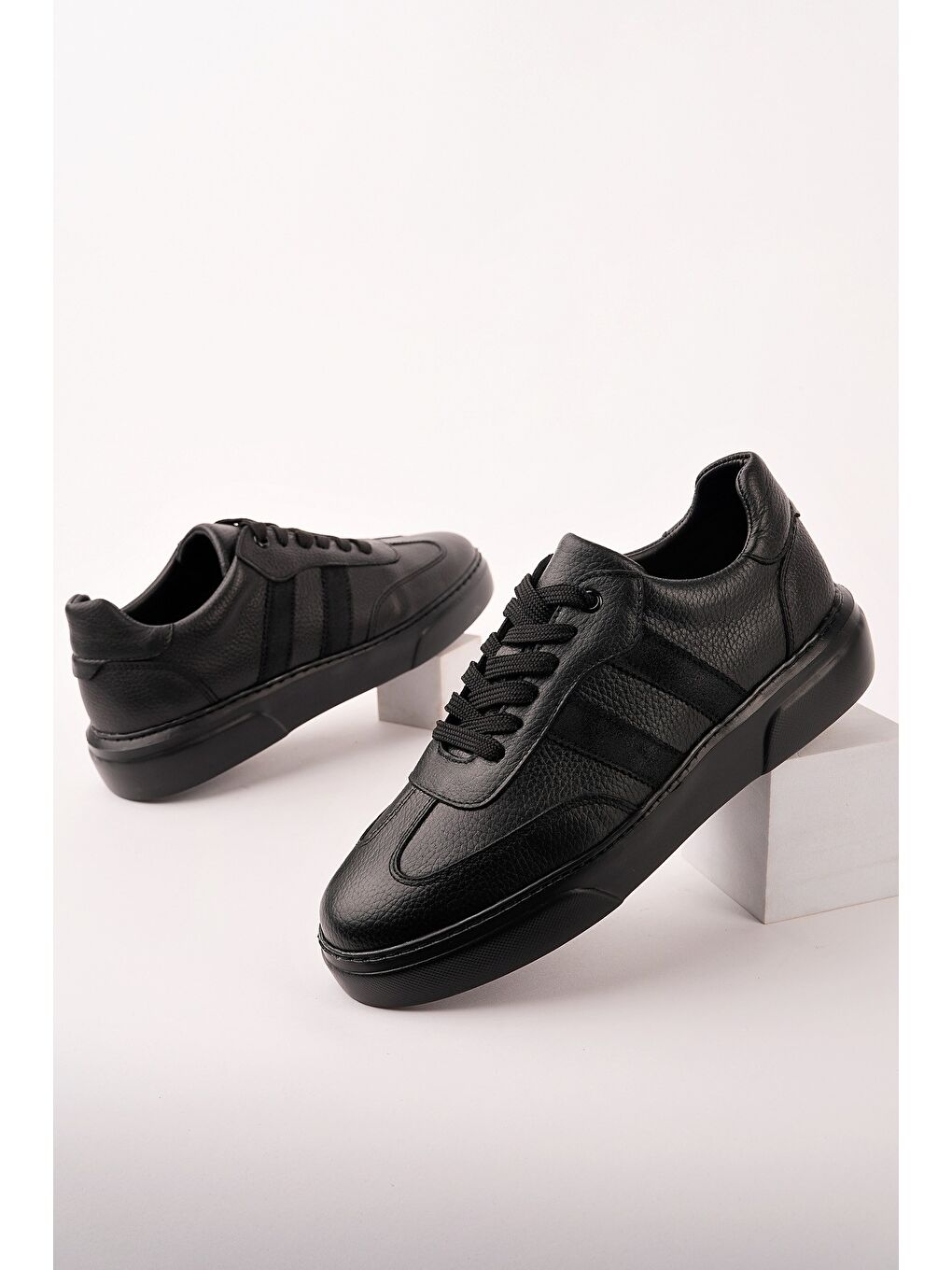 Siyah REEDS Hakiki Deri Bağcıklı Erkek Günlük Sneaker Spor Ayakkabı-1