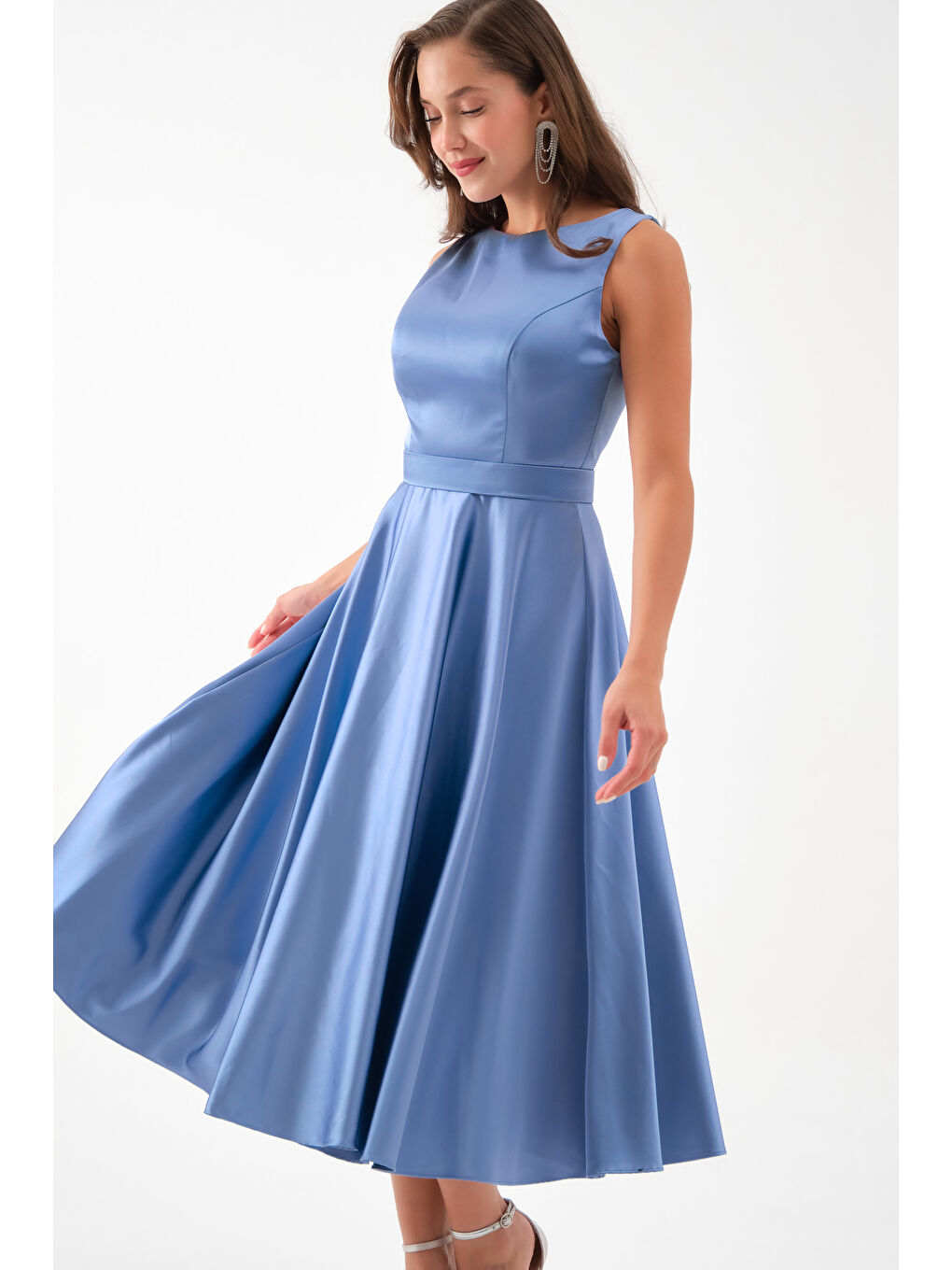 Kadın İndigo Kalın Askılı Kemerli Midi Abiye Elbise-2