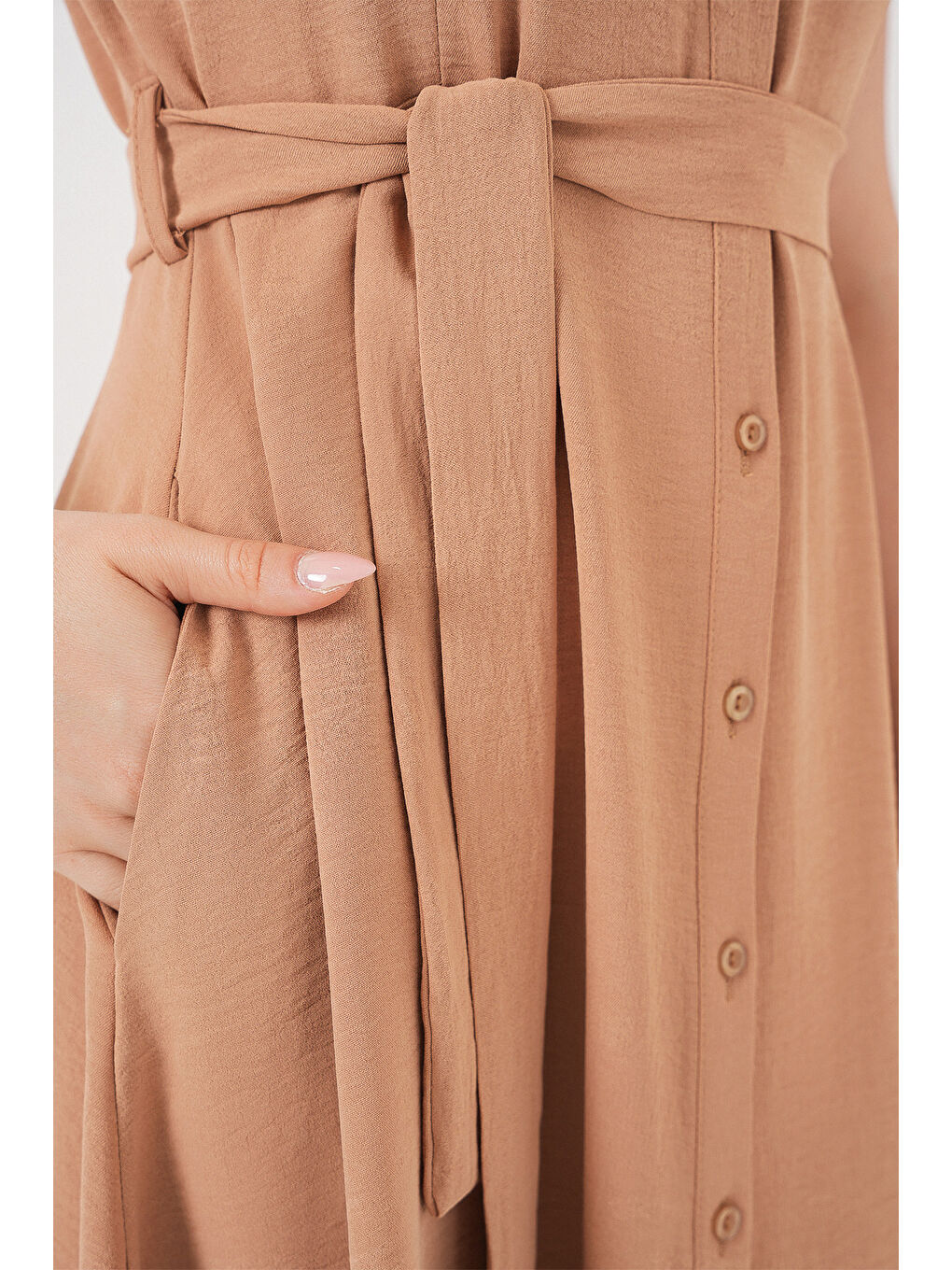 Bej 1677 Boydan Düğmeli Kuşaklı Elbise - Bisküvi-4