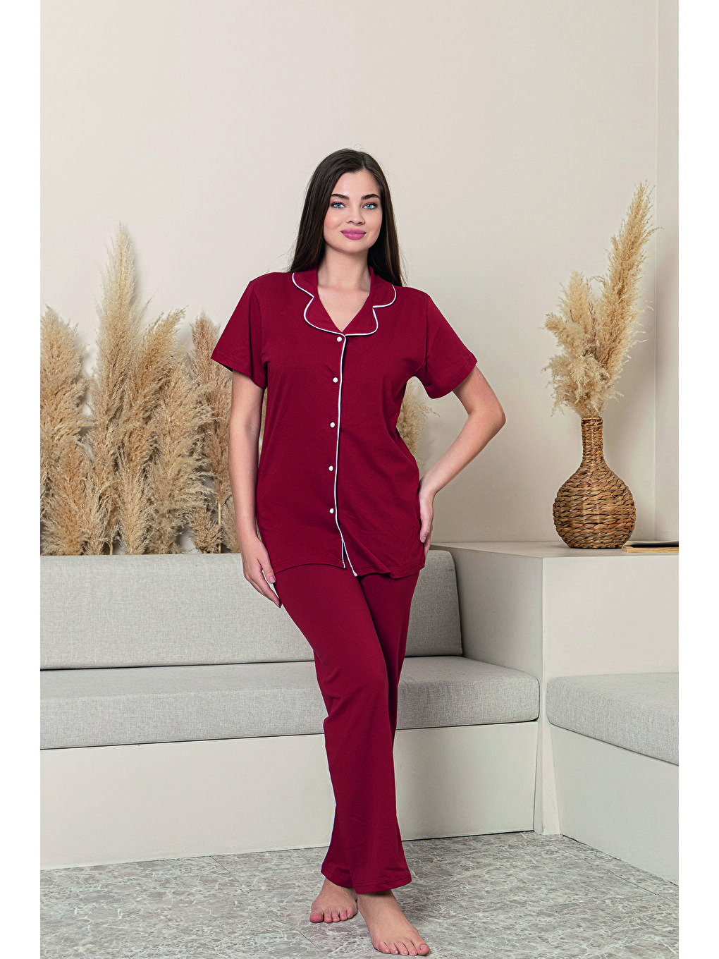 Bordo Kadın %100 Organik Pamuk Doğal Gömlek Yaka Düğmeli Kısa Kollu Biyeli Pijama Takımı-2