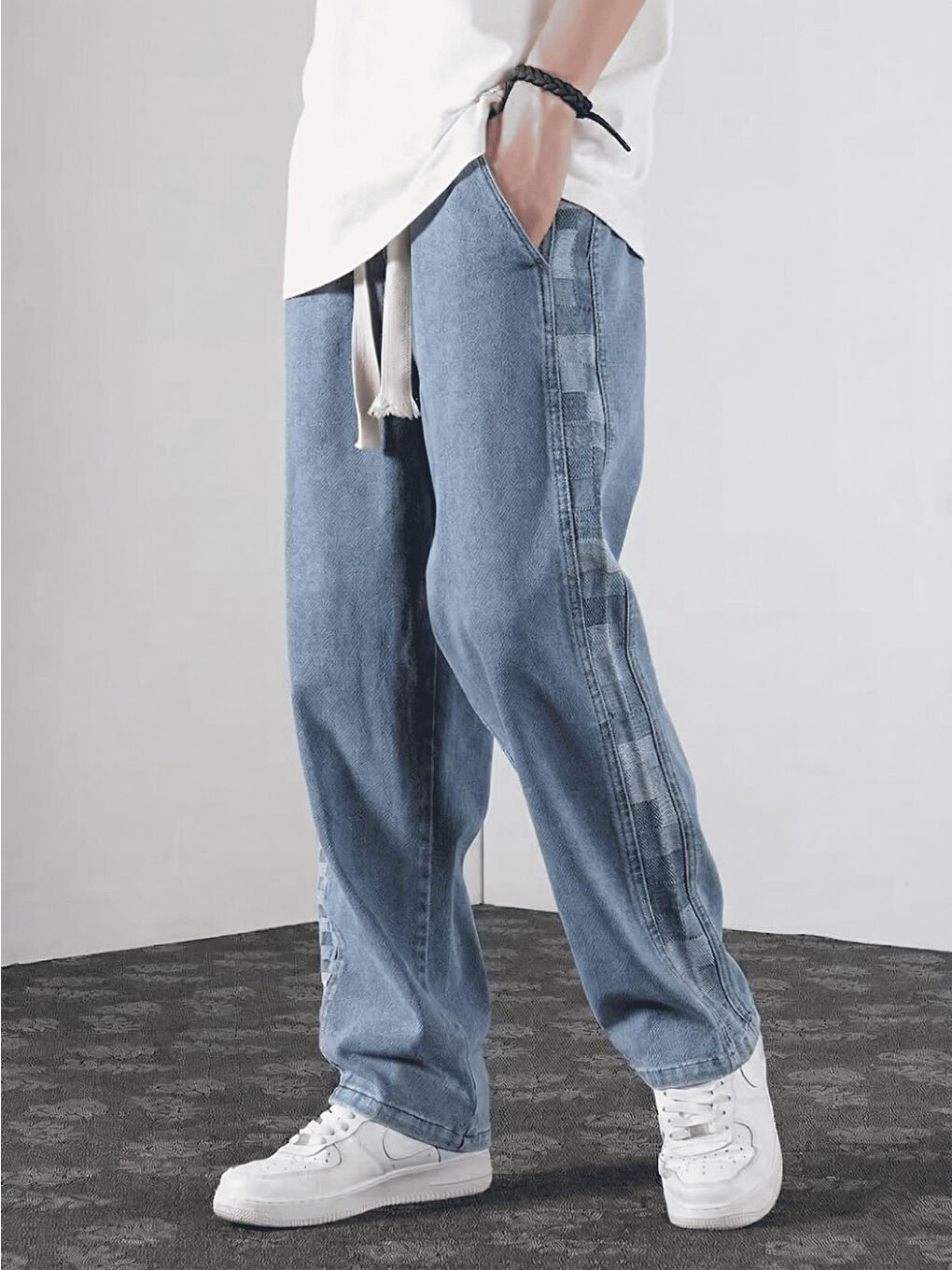 Mavi Vets Erkek Bağcıklı Beli Lastikli Yanı Parçalı Dama Desenli Bol Jean Pantolon-2