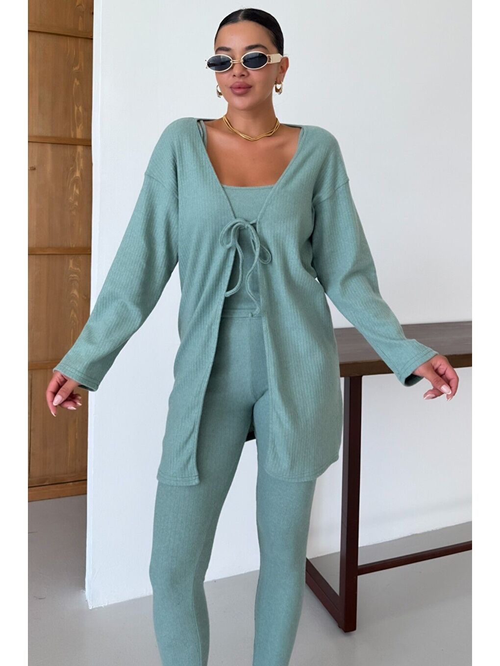 Kadın Mint Yeşili Askılı Atlet Tayt Hırkalı Alt-Üst Taytlı İnterlok Takım-5