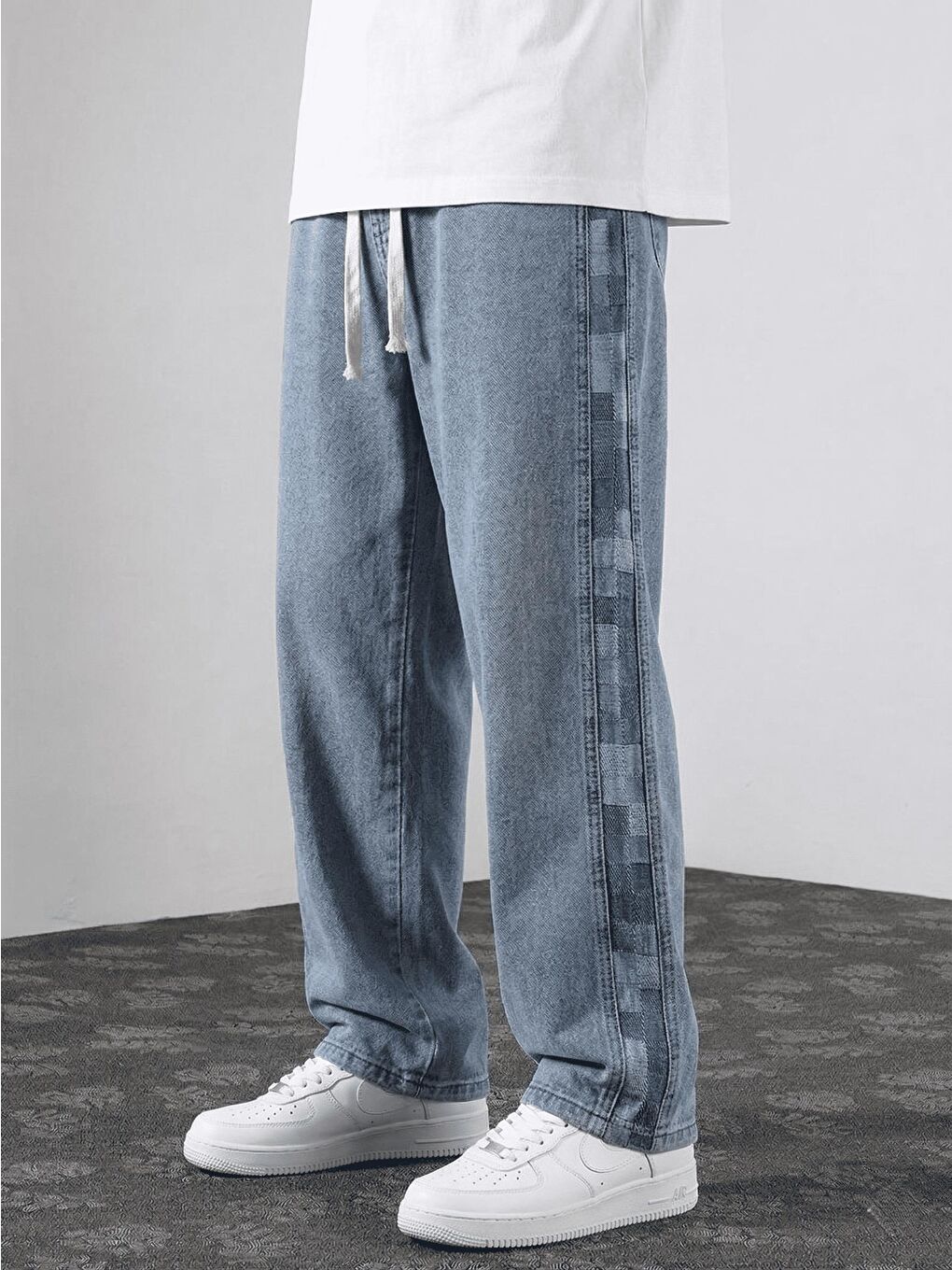 Mavi Vets Erkek Bağcıklı Beli Lastikli Yanı Parçalı Dama Desenli Bol Jean Pantolon-3