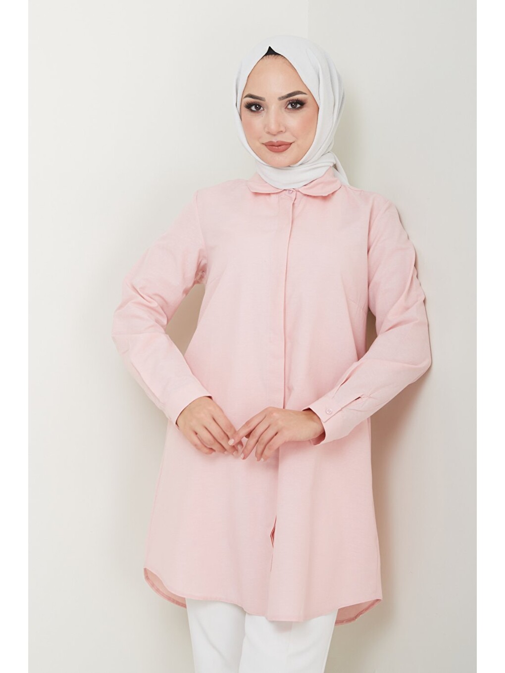 Pembe Kadın Uzun Basic Pudra Polo Yaka Tesettür Gömlek Elbise