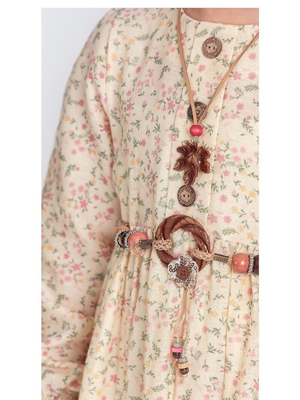 Ekru Müslin Kumaş Kız Çocuk Uzun Kollu Elbise M00705-1