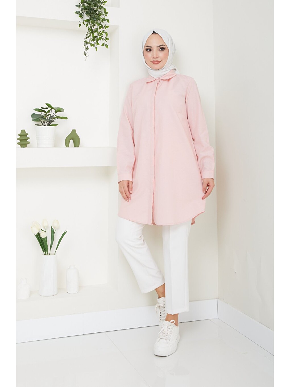 Pembe Kadın Uzun Basic Pudra Polo Yaka Tesettür Gömlek Elbise-1