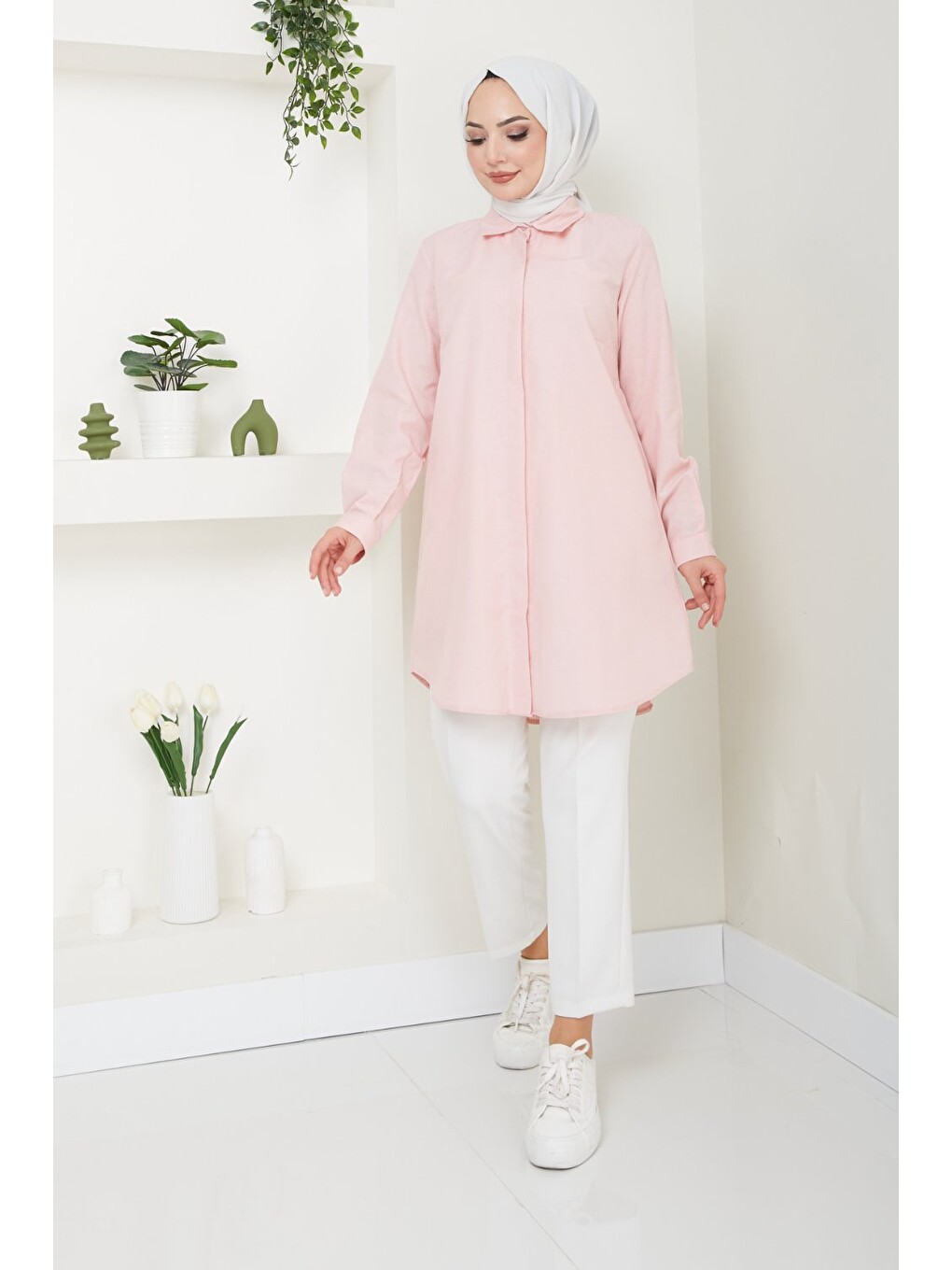 Pembe Kadın Uzun Basic Pudra Polo Yaka Tesettür Gömlek Elbise-2