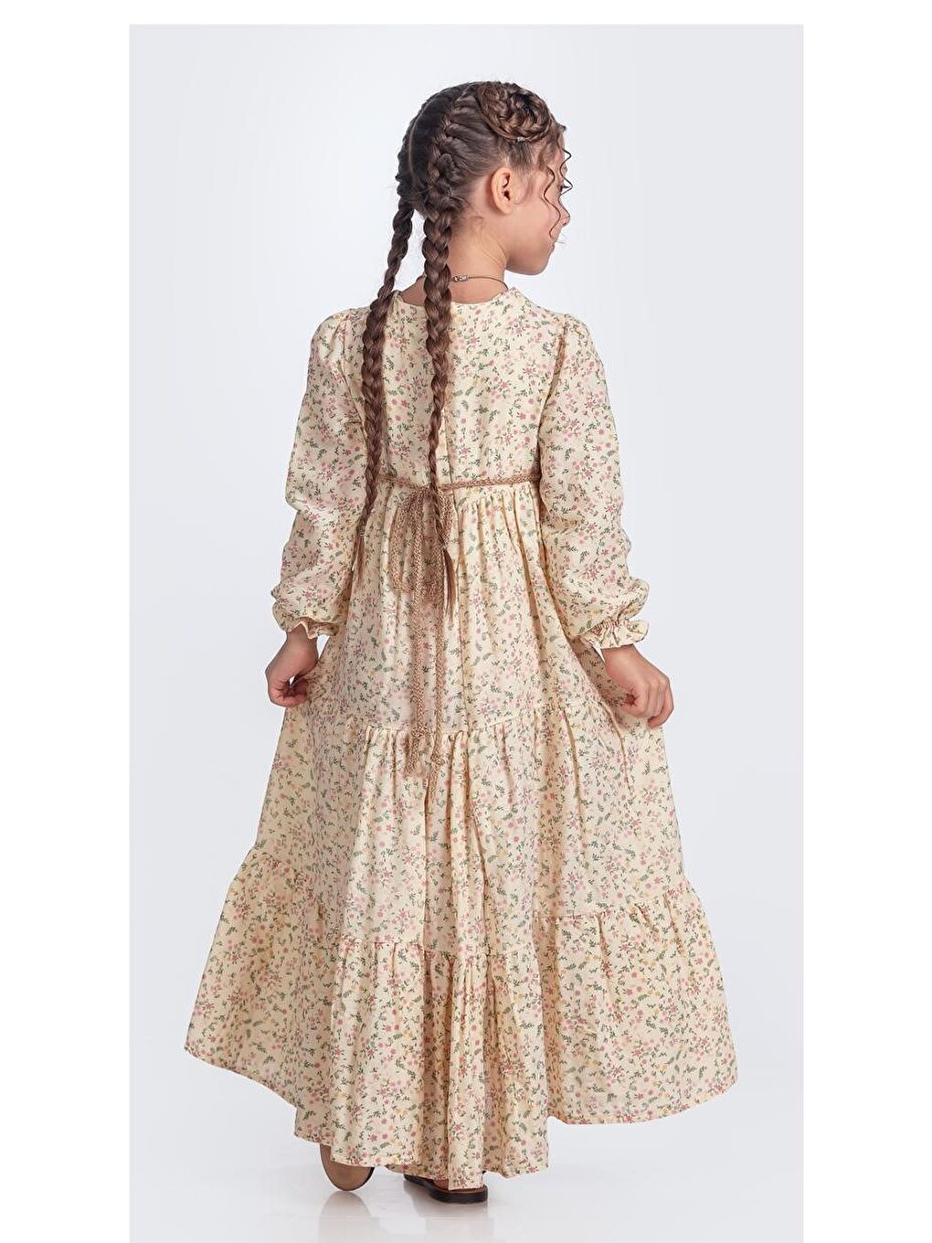 Ekru Müslin Kumaş Kız Çocuk Uzun Kollu Elbise M00705-2