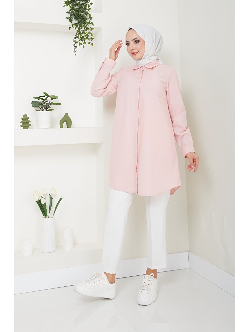 Pembe Kadın Uzun Basic Pudra Polo Yaka Tesettür Gömlek Elbise-3