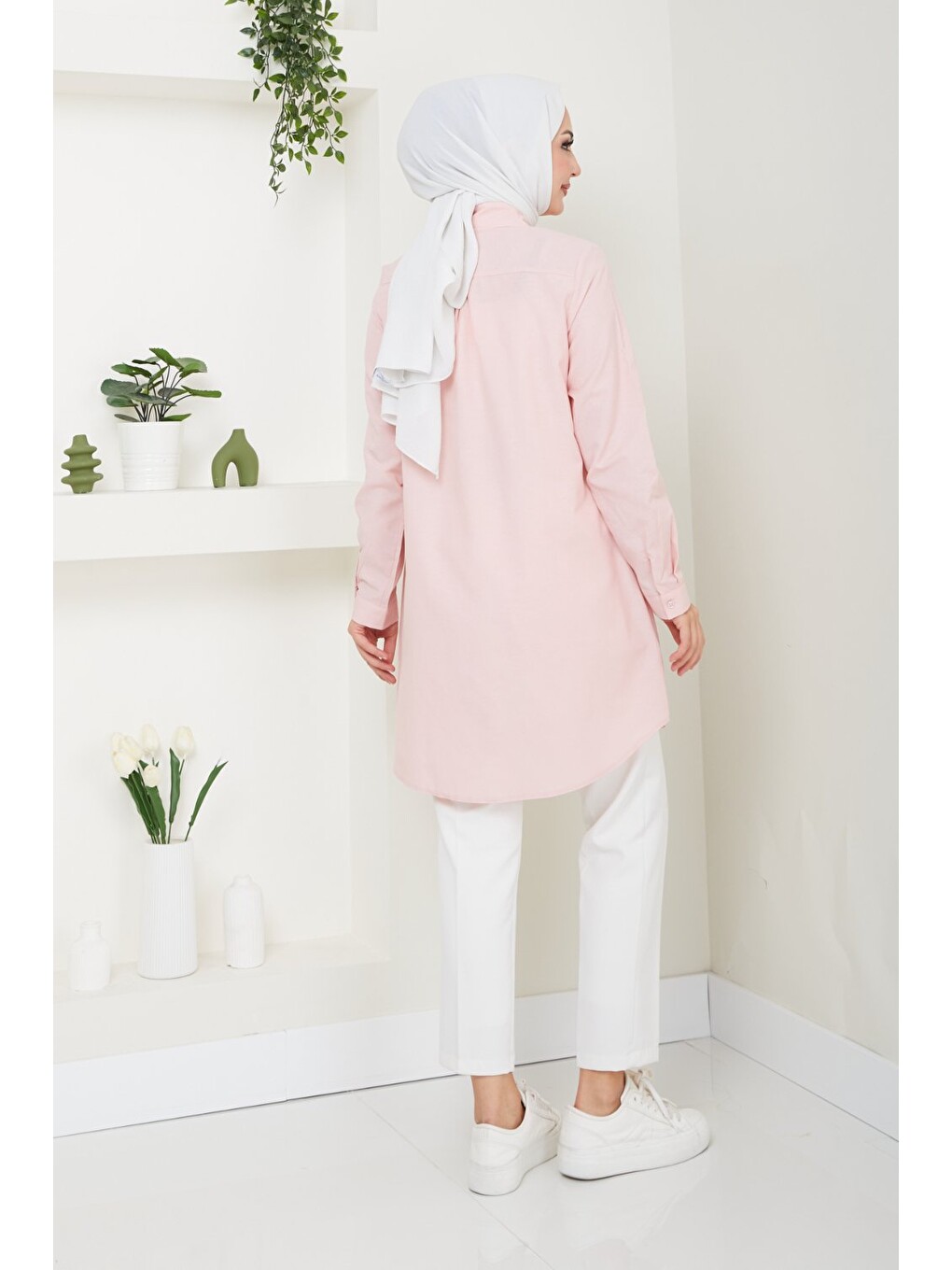Pembe Kadın Uzun Basic Pudra Polo Yaka Tesettür Gömlek Elbise-4