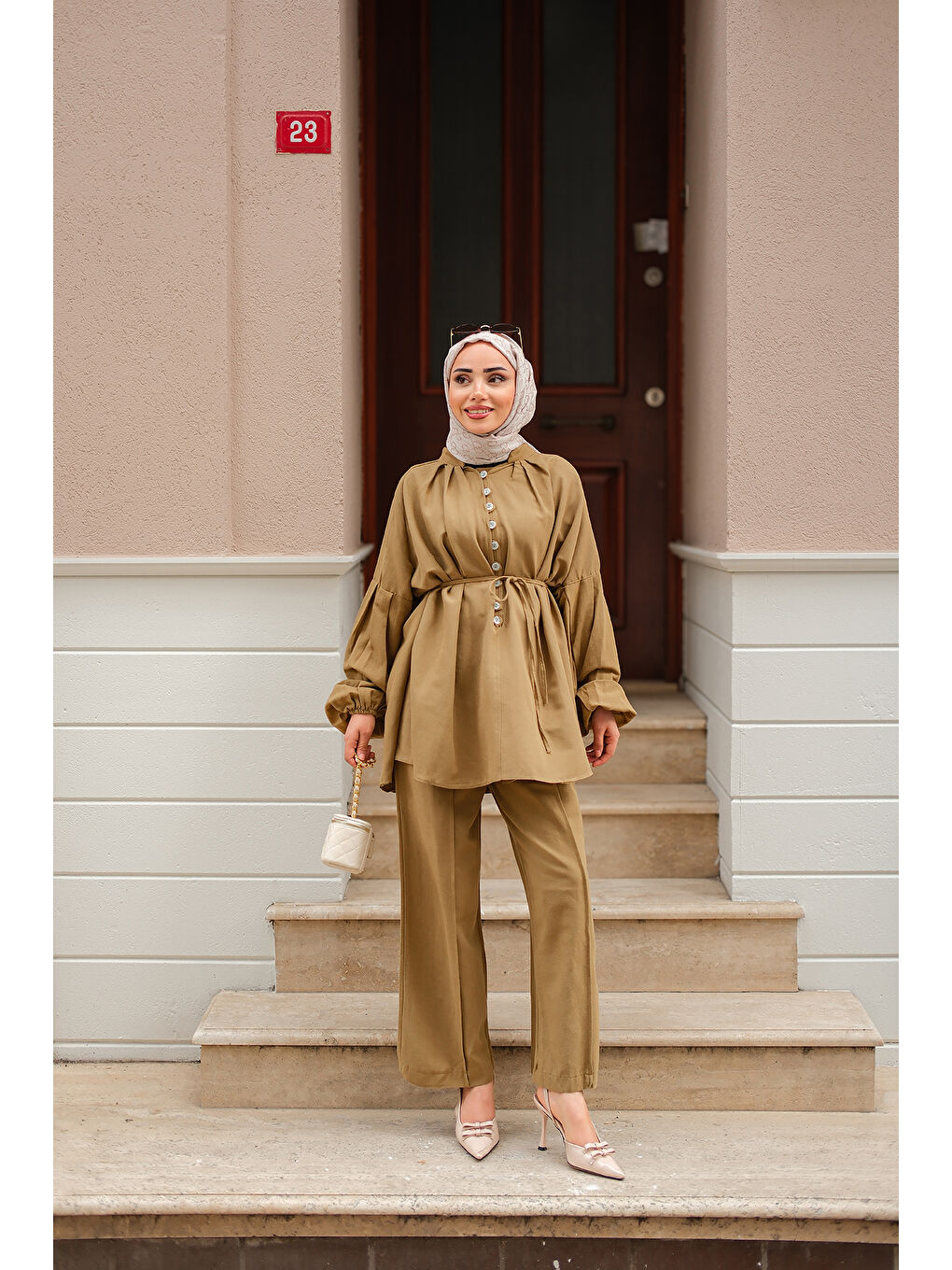 Sarı Kadın Önü Düğme Detaylı İkili Takım Hardal