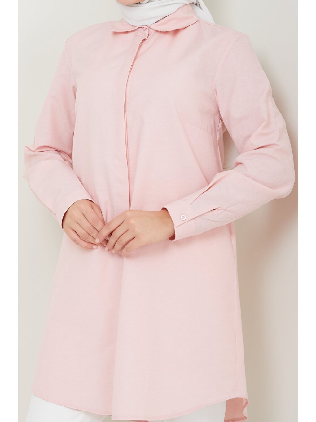 Pembe Kadın Uzun Basic Pudra Polo Yaka Tesettür Gömlek Elbise-5